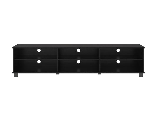 Modern black TV stand for TVs up to 85 inches, featuring sleek lines, minimalist design, and ample storage with open shelves and cabinets. Made of durable materials with a smooth finish.