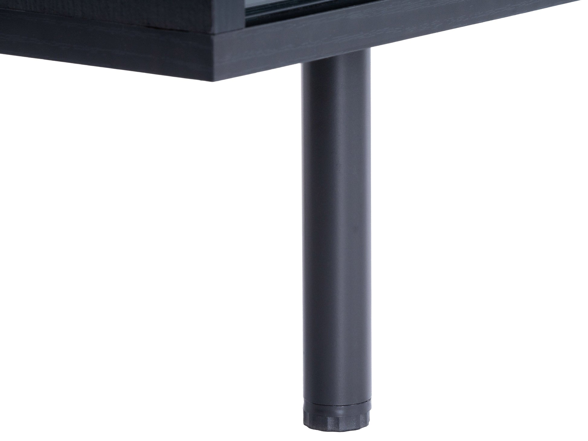 Modern modular TV stand in sleek black wood with adjustable shelves, cable management system, and sturdy metal legs, designed to support TVs up to 110 inches.