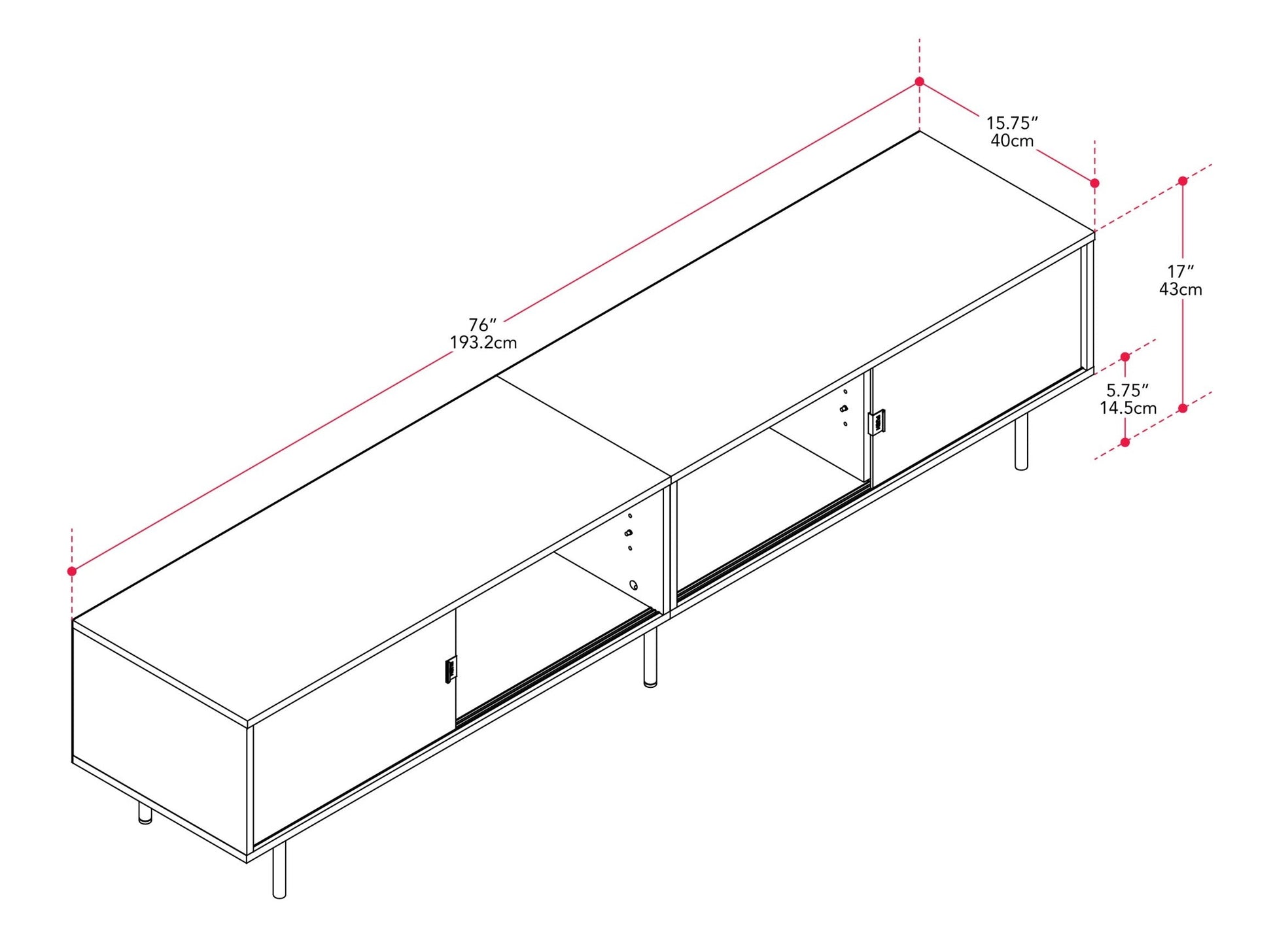 Modern modular TV stand in sleek black wood with adjustable shelves, cable management system, and sturdy metal legs, designed to support TVs up to 110 inches.
