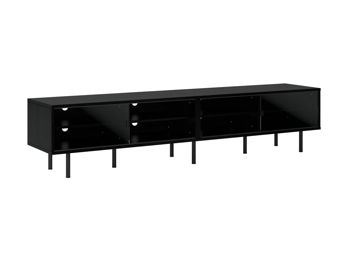 Modern modular TV stand in sleek black wood with adjustable shelves, cable management system, and sturdy metal legs, designed to support TVs up to 110 inches.