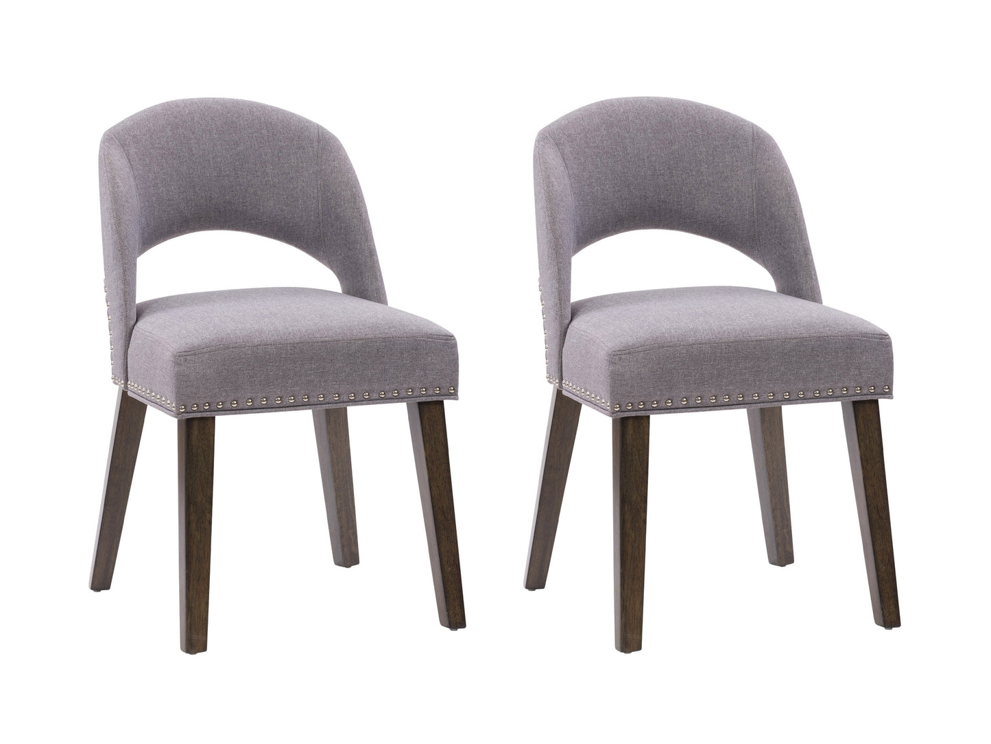 Set of 2 grey mid-century dining chairs with cushioned seats, wooden legs, and sleek design, perfect for modern dining rooms or kitchens.