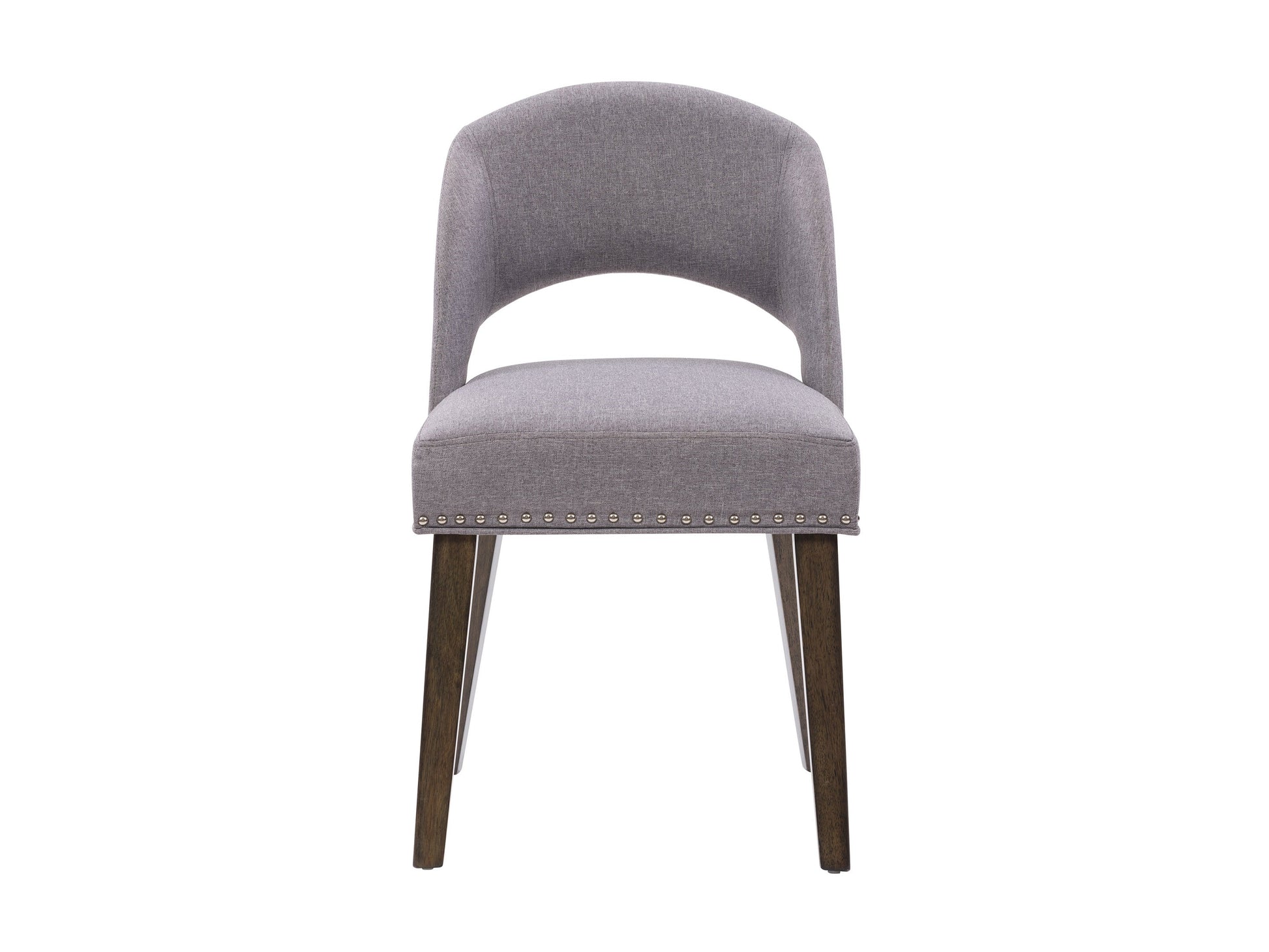 Set of 2 grey mid-century dining chairs with cushioned seats, wooden legs, and sleek design, perfect for modern dining rooms or kitchens.