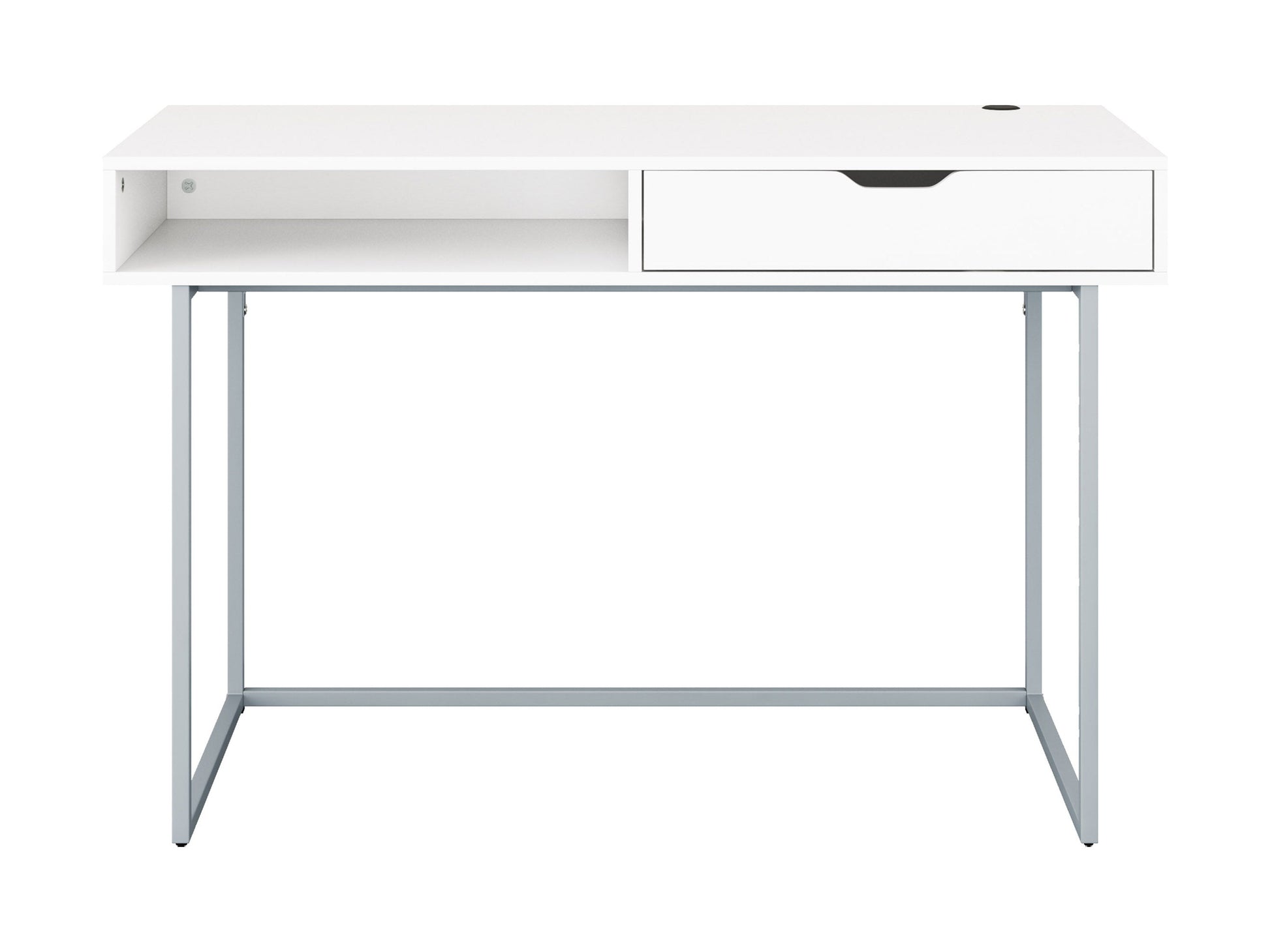 Modern white computer desk with sleek metal legs, spacious tabletop, built-in cable management, and minimalist design. Ideal for home office or study.