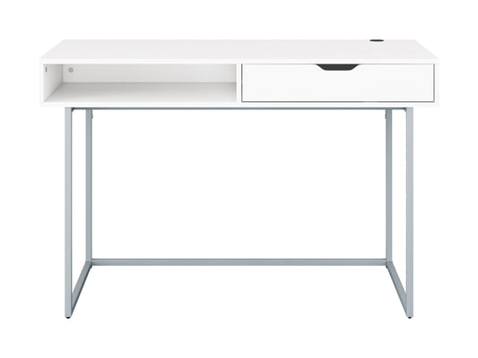 Modern white computer desk with sleek metal legs, spacious tabletop, built-in cable management, and minimalist design. Ideal for home office or study.