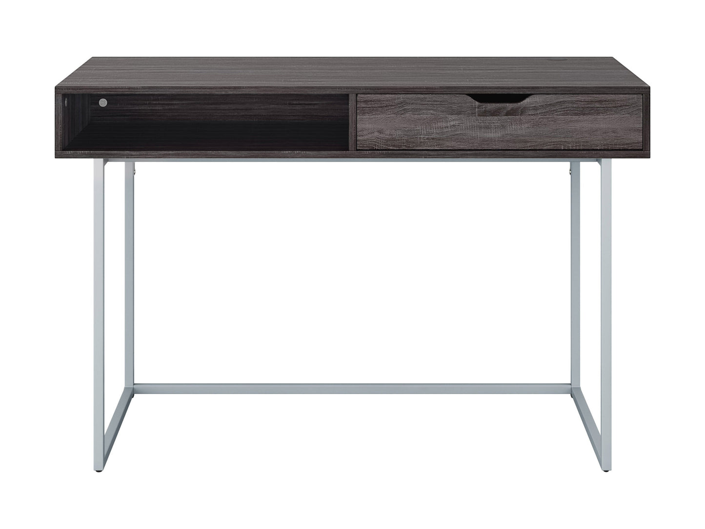 Sleek modern computer desk in grey with a smooth laminate surface, sturdy metal frame, and built-in cable management, ideal for home offices or workspaces.