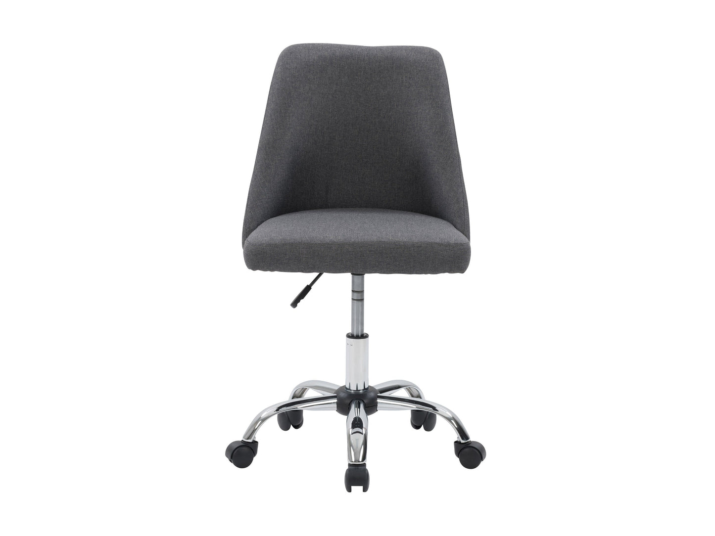 Dark grey armless task chair featuring a cushioned seat and backrest with sleek, modern design, perfect for office use. Upholstered in durable fabric, supported by a sturdy metal base with smooth-rolling casters.