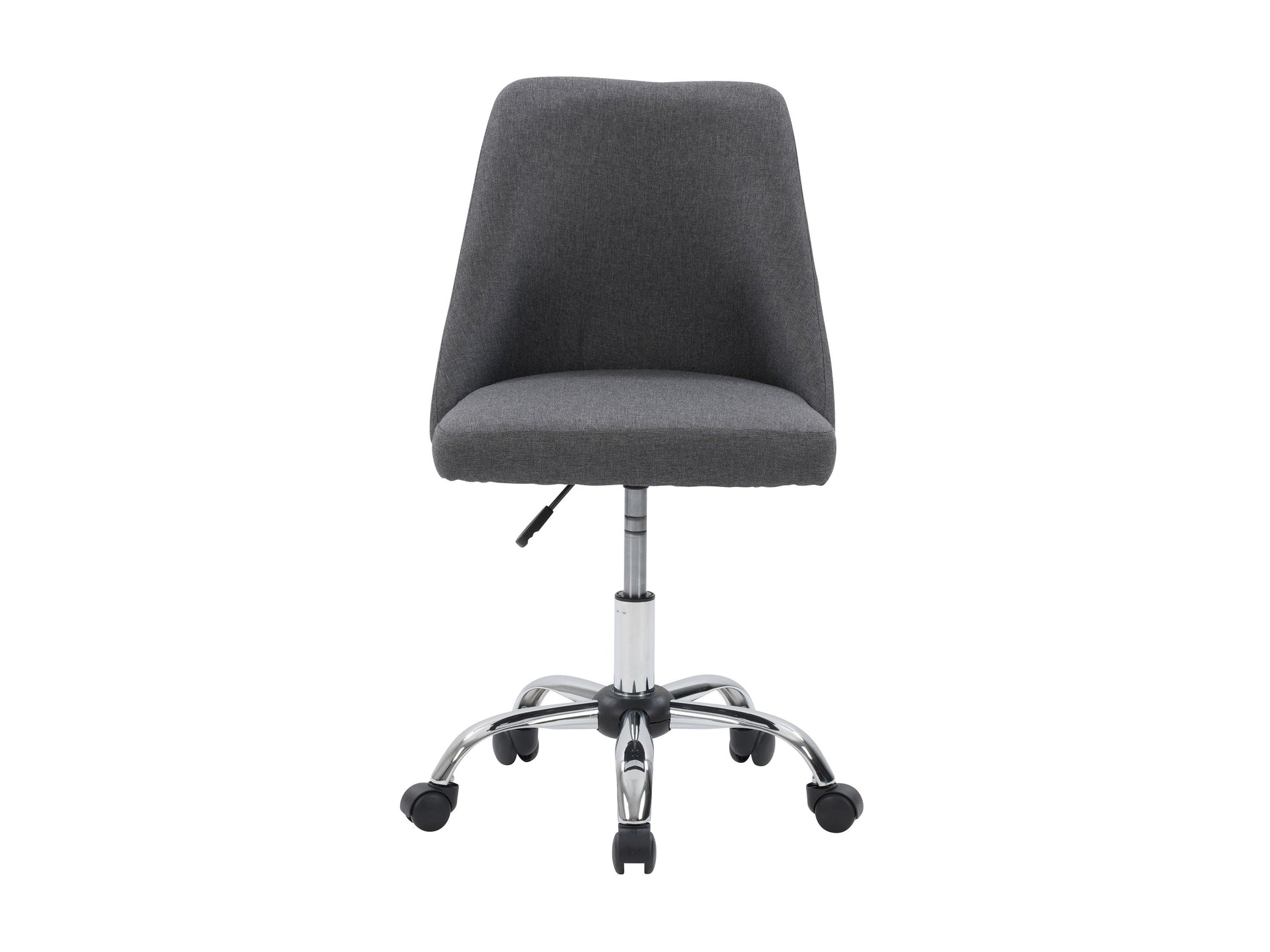 Dark grey armless task chair featuring a cushioned seat and backrest with sleek, modern design, perfect for office use. Upholstered in durable fabric, supported by a sturdy metal base with smooth-rolling casters.