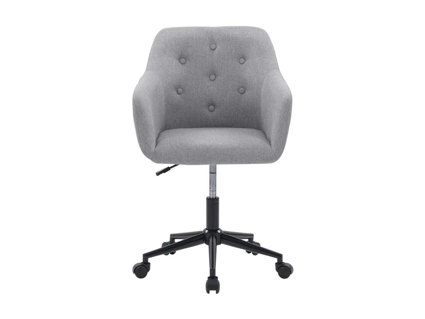 Light grey office task chair with arms, ergonomic design, mesh backrest, padded seat, adjustable height, and swivel base. Ideal for home office or workspace, providing comfort and support for long hours of sitting.