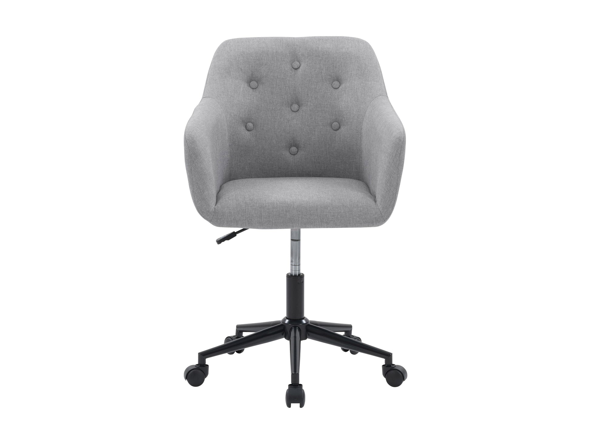 Light grey office task chair with arms, ergonomic design, mesh backrest, padded seat, adjustable height, and swivel base. Ideal for home office or workspace, providing comfort and support for long hours of sitting.