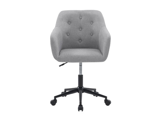 Light grey office task chair with arms, ergonomic design, mesh backrest, padded seat, adjustable height, and swivel base. Ideal for home office or workspace, providing comfort and support for long hours of sitting.