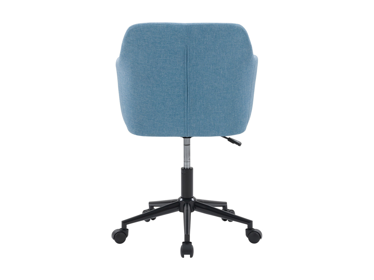 Light blue office task chair with adjustable arms, ergonomic design, breathable mesh backrest, and cushioned seat on a five-wheel base.