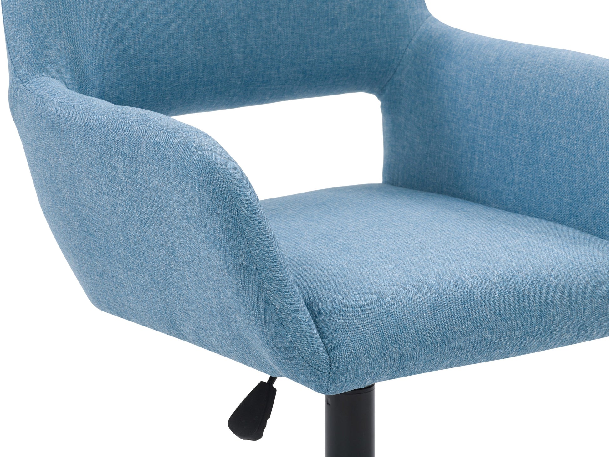 Light blue task chair with open back, ergonomic design, adjustable height, and cushioned seat, featuring a breathable mesh backrest and sleek metal base. Ideal for modern home offices and workspaces.
