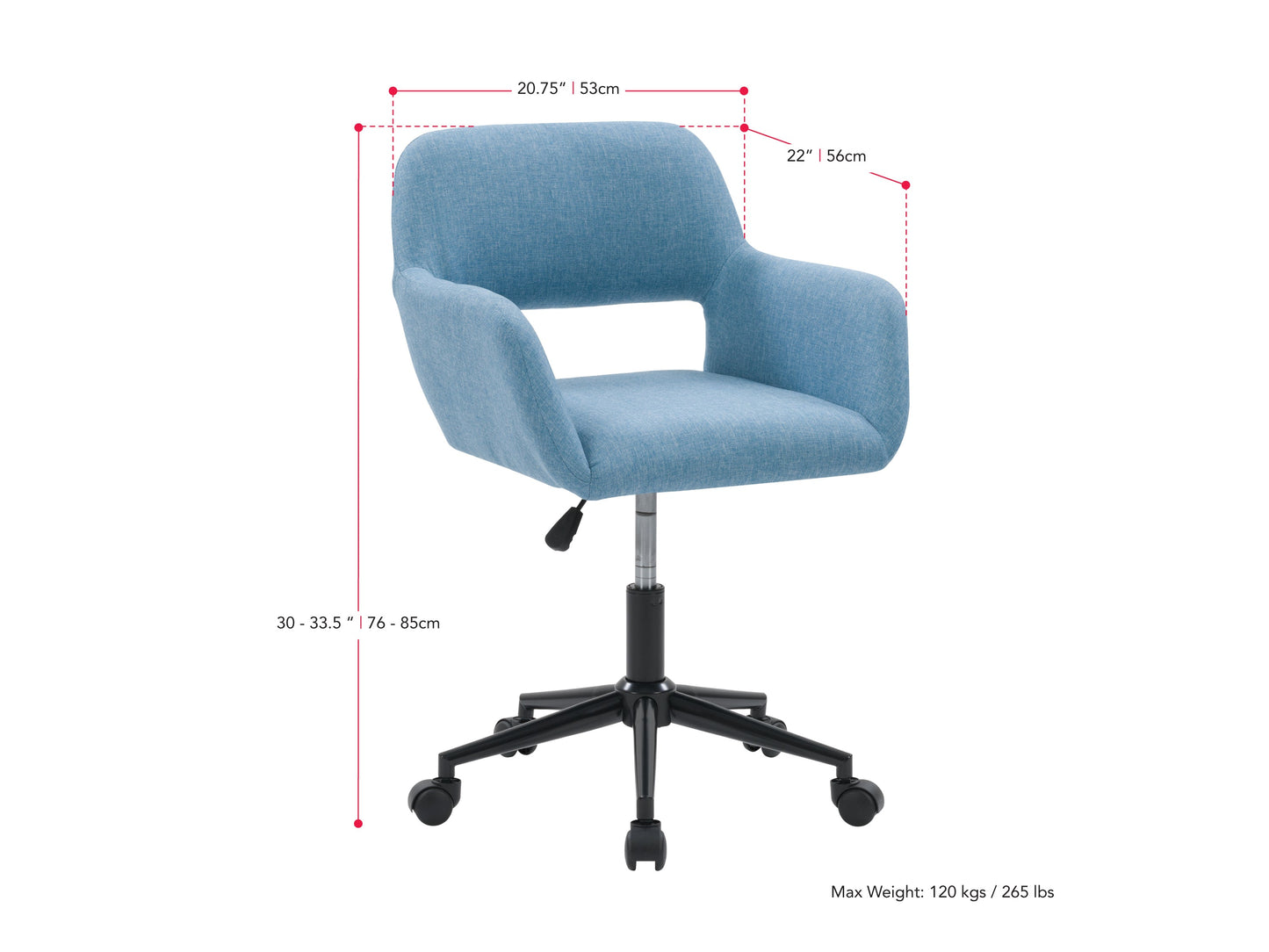Light blue task chair with open back, ergonomic design, adjustable height, and cushioned seat, featuring a breathable mesh backrest and sleek metal base. Ideal for modern home offices and workspaces.