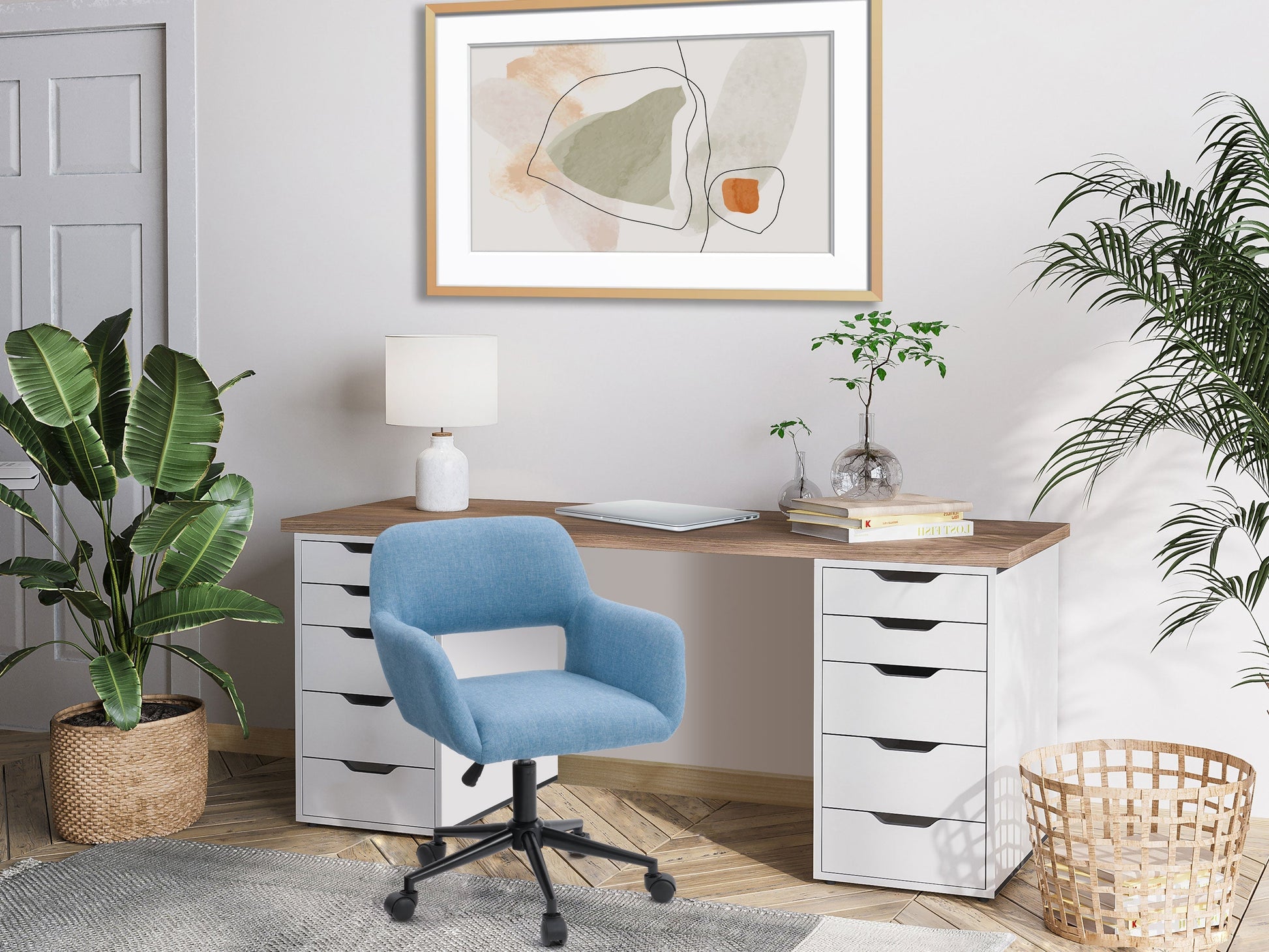 Light blue task chair with open back, ergonomic design, adjustable height, and cushioned seat, featuring a breathable mesh backrest and sleek metal base. Ideal for modern home offices and workspaces.