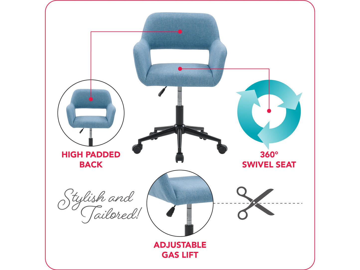 Light blue task chair with open back, ergonomic design, adjustable height, and cushioned seat, featuring a breathable mesh backrest and sleek metal base. Ideal for modern home offices and workspaces.