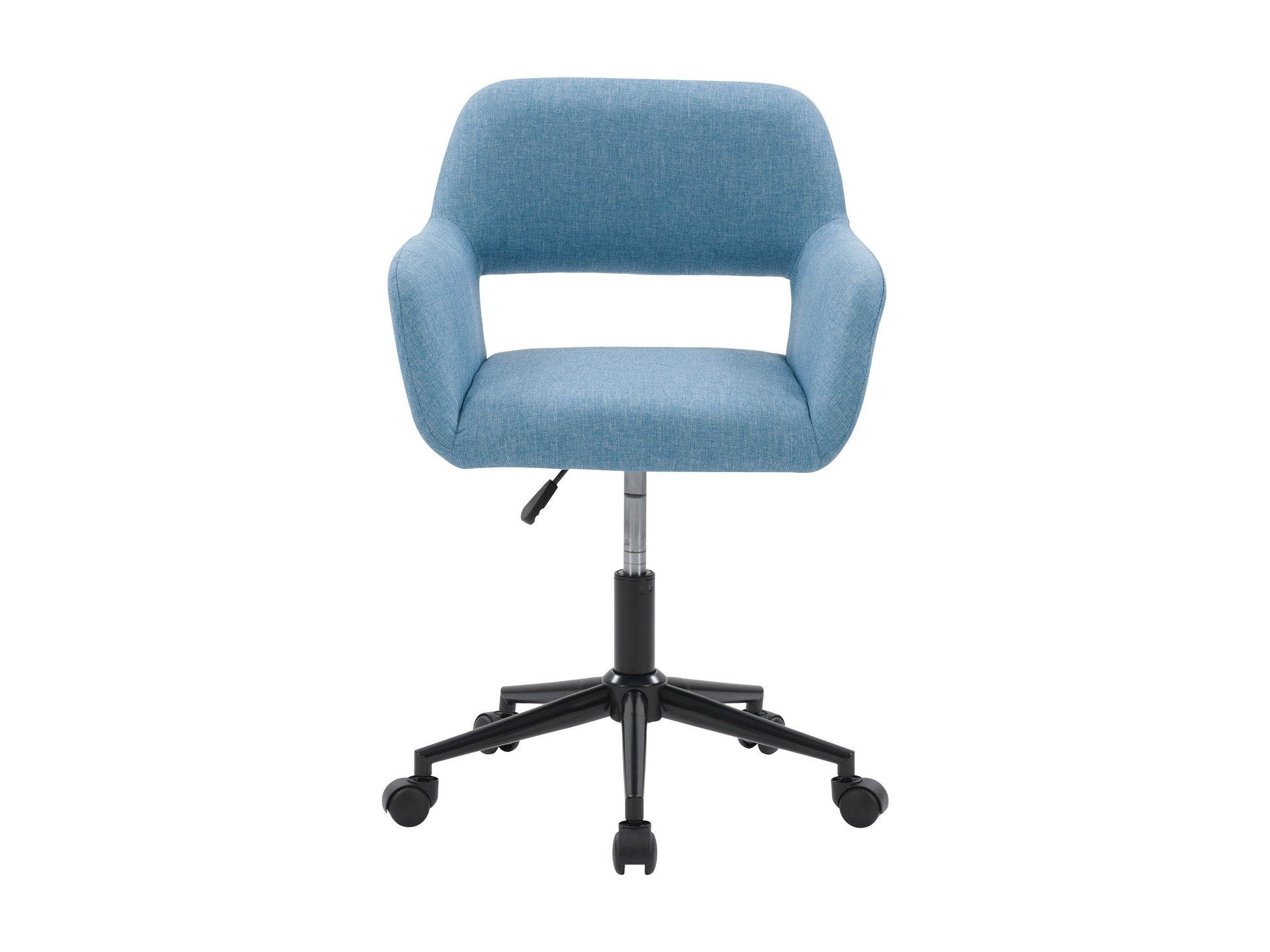 Light blue task chair with open back, ergonomic design, adjustable height, and cushioned seat, featuring a breathable mesh backrest and sleek metal base. Ideal for modern home offices and workspaces.