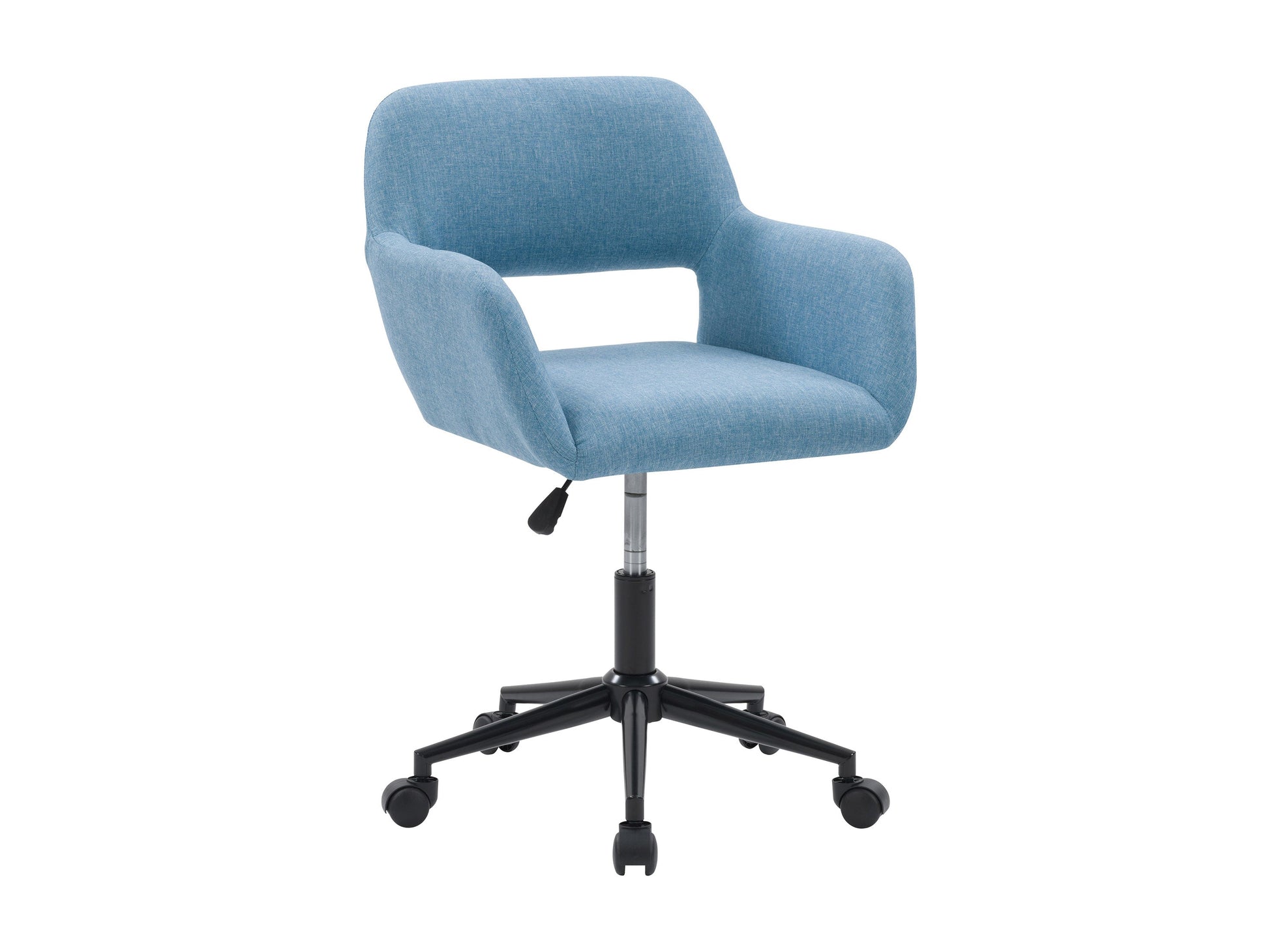 Light blue task chair with open back, ergonomic design, adjustable height, and cushioned seat, featuring a breathable mesh backrest and sleek metal base. Ideal for modern home offices and workspaces.