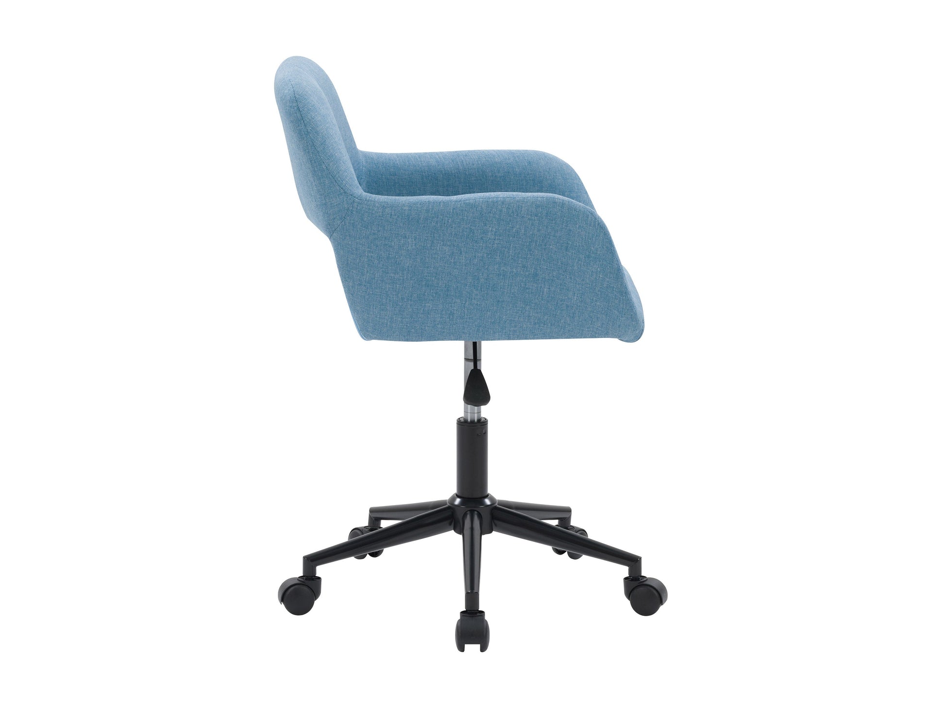 Light blue task chair with open back, ergonomic design, adjustable height, and cushioned seat, featuring a breathable mesh backrest and sleek metal base. Ideal for modern home offices and workspaces.