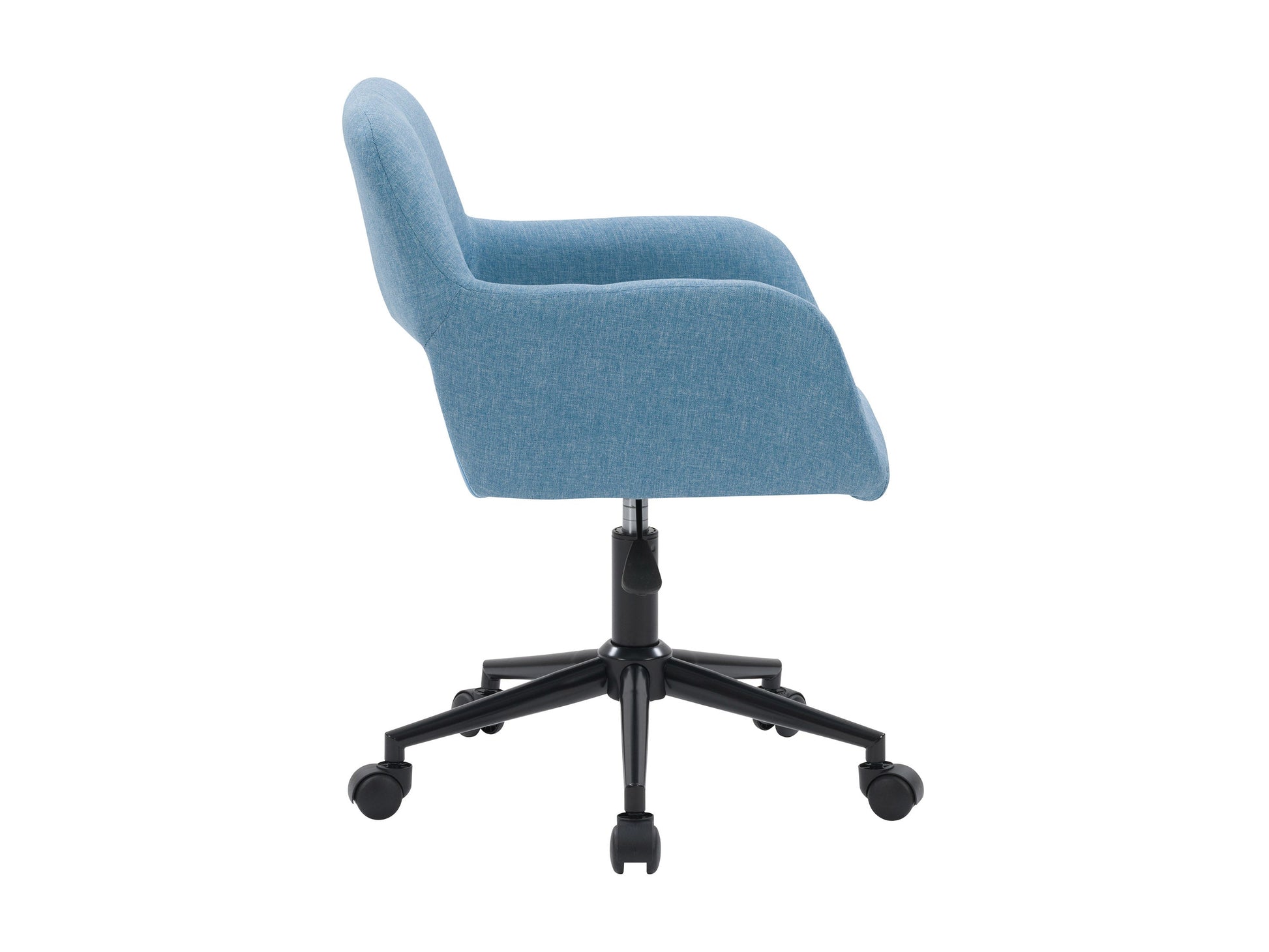Light blue task chair with open back, ergonomic design, adjustable height, and cushioned seat, featuring a breathable mesh backrest and sleek metal base. Ideal for modern home offices and workspaces.