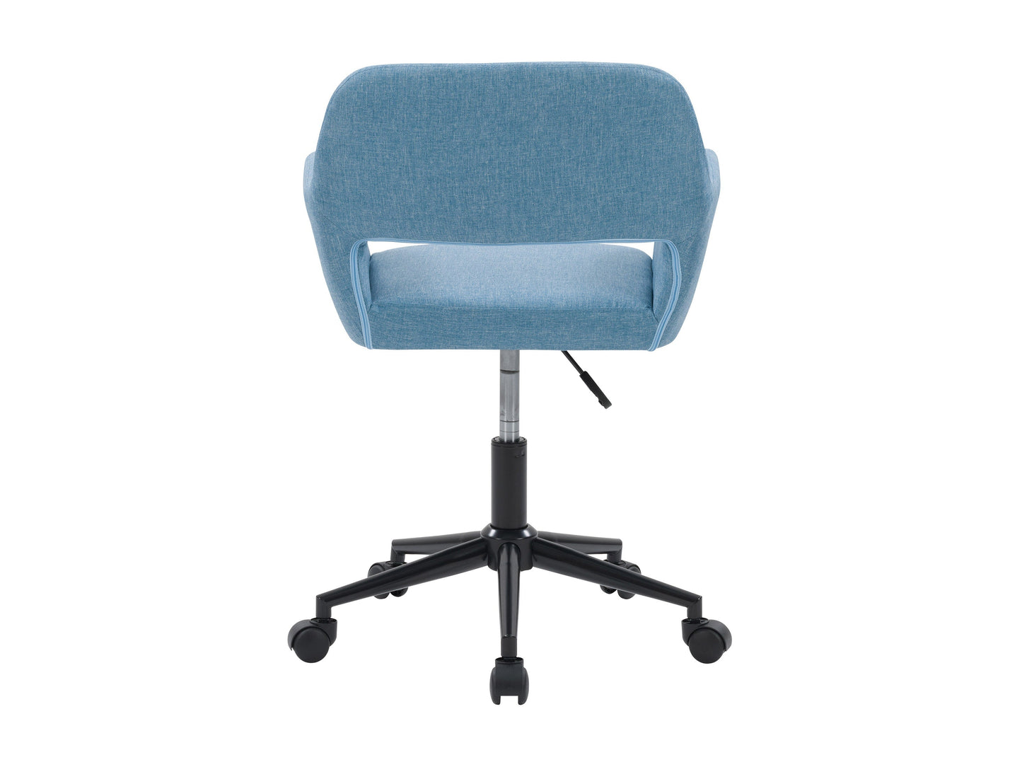 Light blue task chair with open back, ergonomic design, adjustable height, and cushioned seat, featuring a breathable mesh backrest and sleek metal base. Ideal for modern home offices and workspaces.