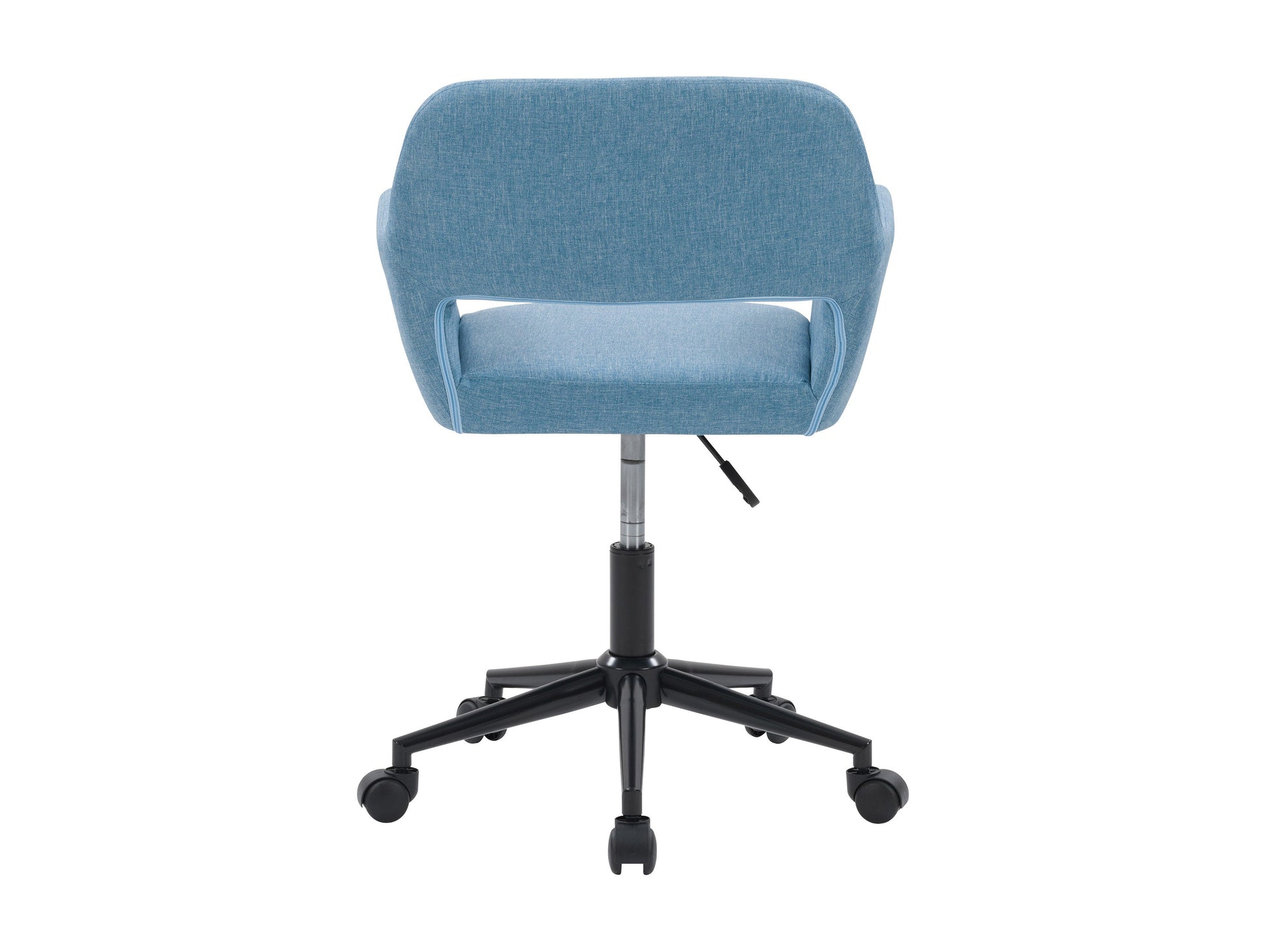 Light blue task chair with open back, ergonomic design, adjustable height, and cushioned seat, featuring a breathable mesh backrest and sleek metal base. Ideal for modern home offices and workspaces.