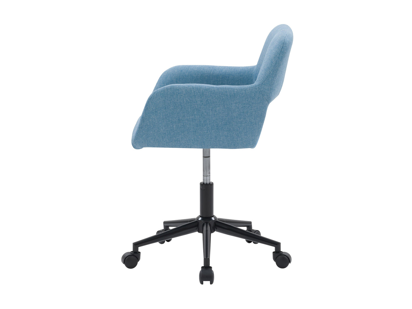 Light blue task chair with open back, ergonomic design, adjustable height, and cushioned seat, featuring a breathable mesh backrest and sleek metal base. Ideal for modern home offices and workspaces.