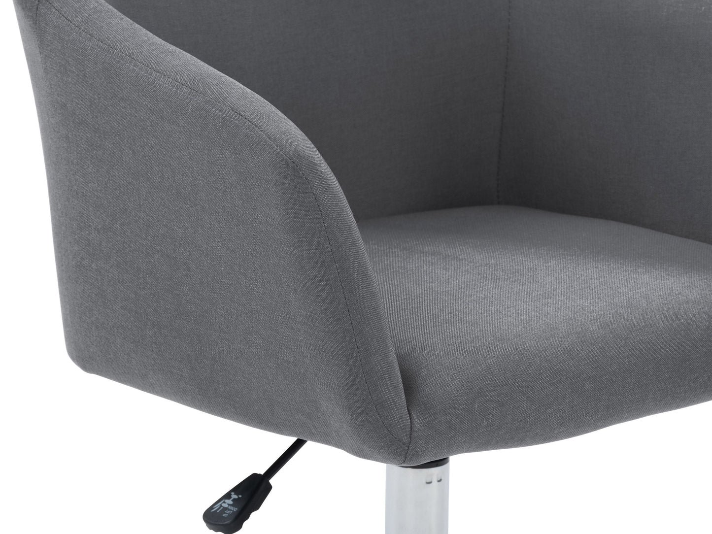 Grey office task chair with arms, ergonomic design, mesh backrest, padded seat, adjustable height, and swivel base. Ideal for home office or workspace, providing comfort and support during long working hours.