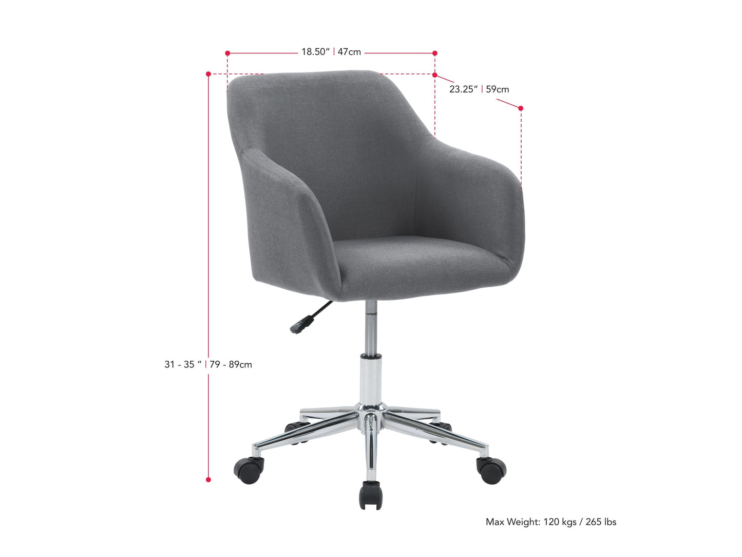 Grey office task chair with arms, ergonomic design, mesh backrest, padded seat, adjustable height, and swivel base. Ideal for home office or workspace, providing comfort and support during long working hours.