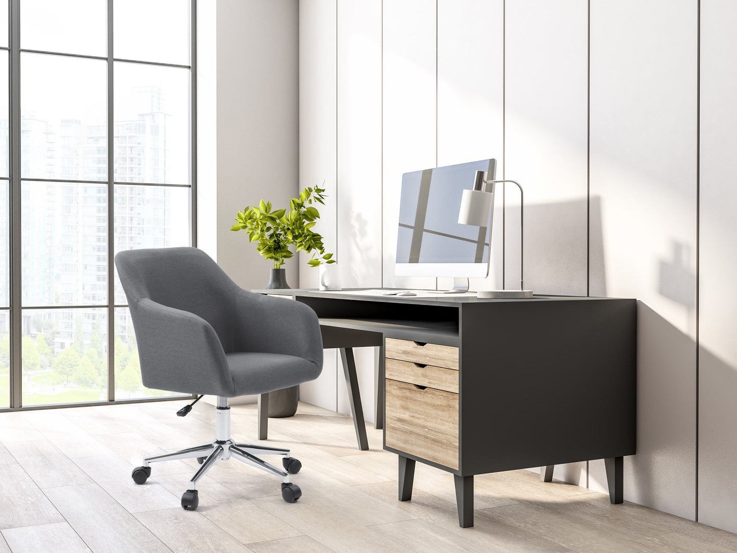 Grey office task chair with arms, ergonomic design, mesh backrest, padded seat, adjustable height, and swivel base. Ideal for home office or workspace, providing comfort and support during long working hours.