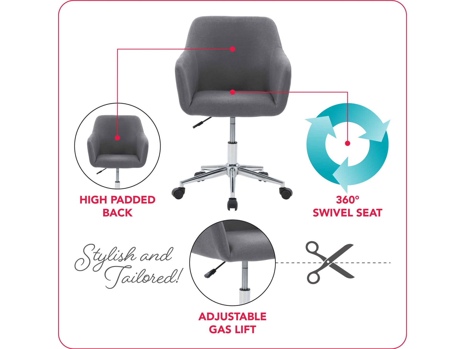 Grey office task chair with arms, ergonomic design, mesh backrest, padded seat, adjustable height, and swivel base. Ideal for home office or workspace, providing comfort and support during long working hours.