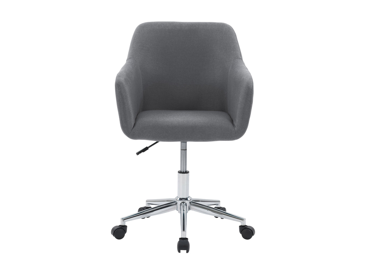 Grey office task chair with arms, ergonomic design, mesh backrest, padded seat, adjustable height, and swivel base. Ideal for home office or workspace, providing comfort and support during long working hours.