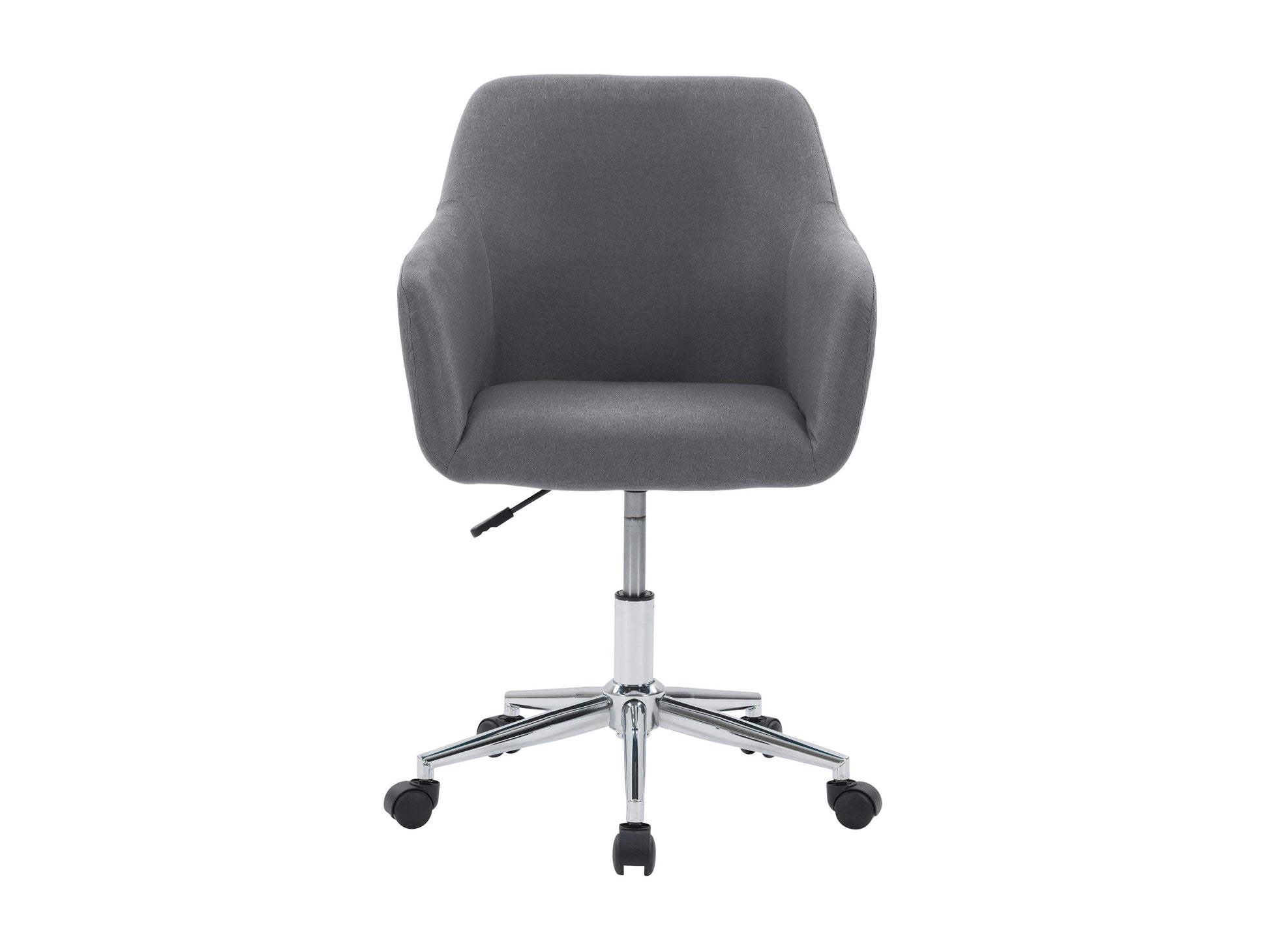 Grey office task chair with arms, ergonomic design, mesh backrest, padded seat, adjustable height, and swivel base. Ideal for home office or workspace, providing comfort and support during long working hours.