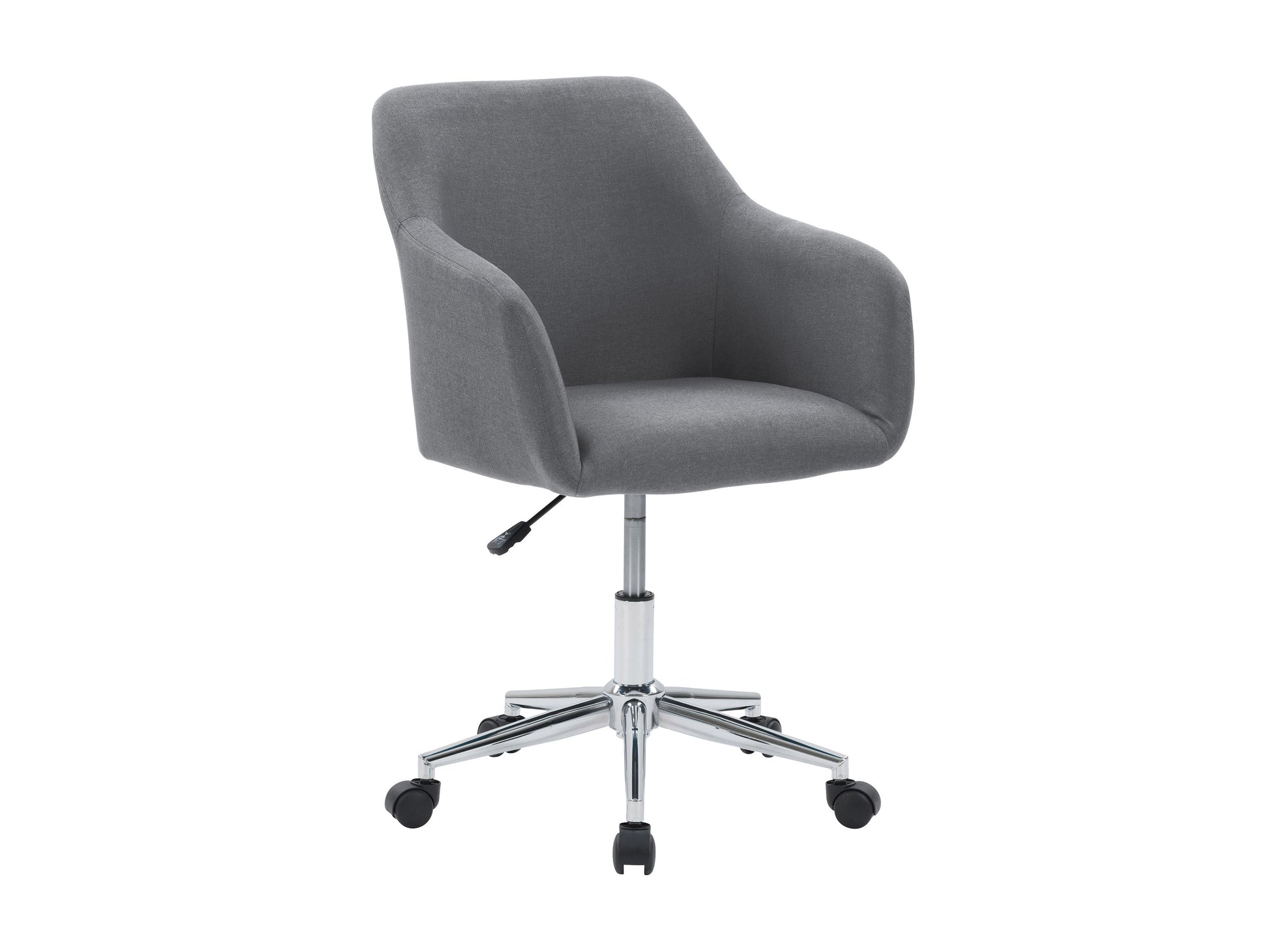 Grey office task chair with arms, ergonomic design, mesh backrest, padded seat, adjustable height, and swivel base. Ideal for home office or workspace, providing comfort and support during long working hours.