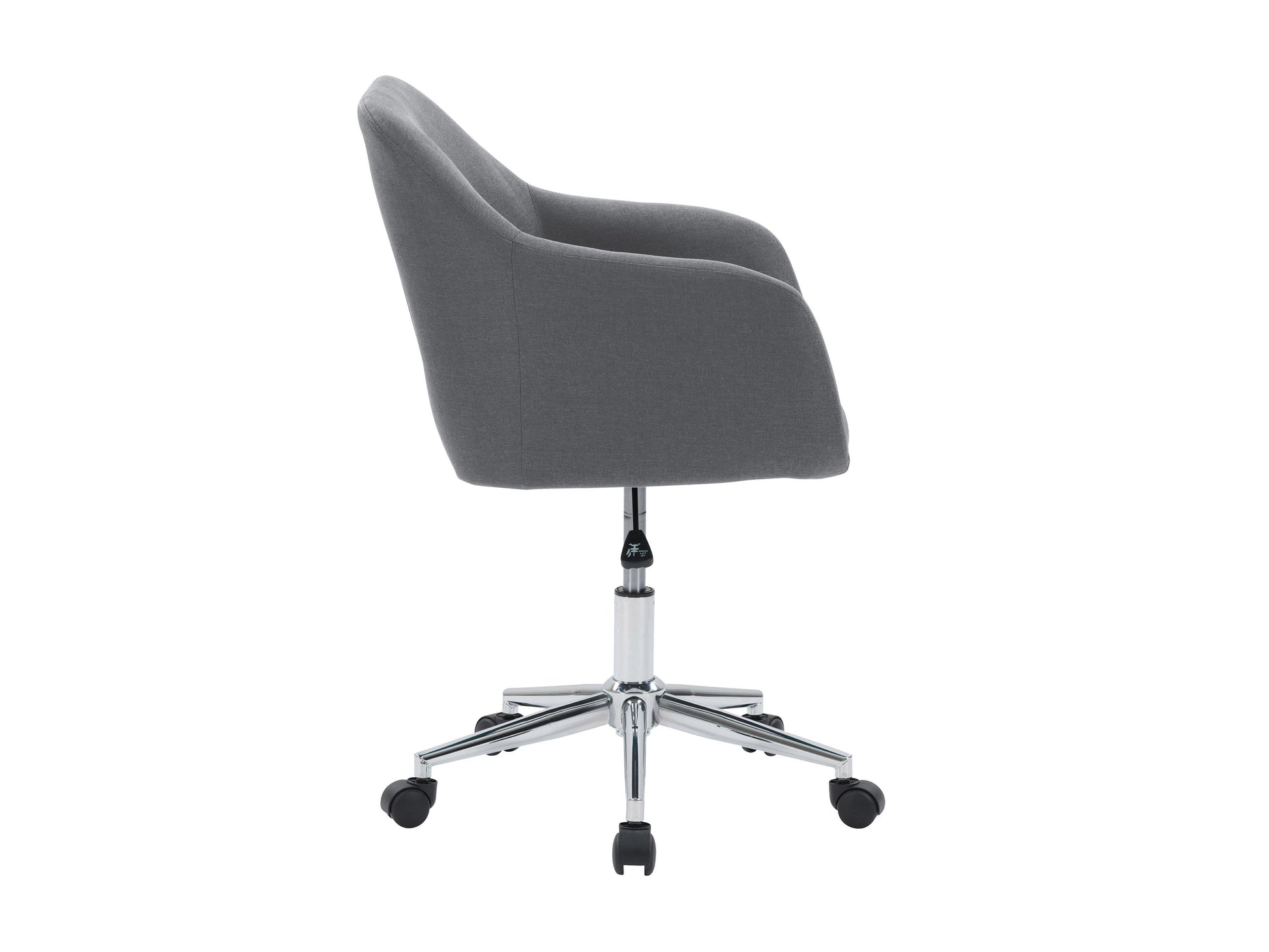Grey office task chair with arms, ergonomic design, mesh backrest, padded seat, adjustable height, and swivel base. Ideal for home office or workspace, providing comfort and support during long working hours.