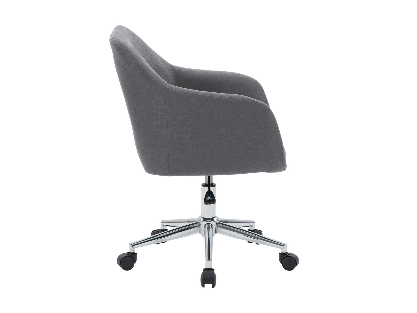 Grey office task chair with arms, ergonomic design, mesh backrest, padded seat, adjustable height, and swivel base. Ideal for home office or workspace, providing comfort and support during long working hours.