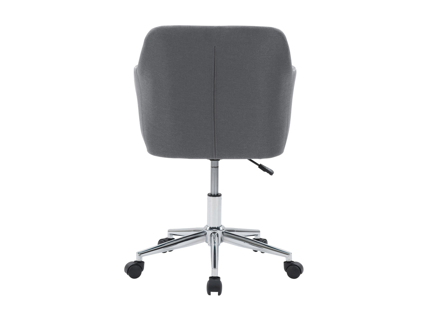 Grey office task chair with arms, ergonomic design, mesh backrest, padded seat, adjustable height, and swivel base. Ideal for home office or workspace, providing comfort and support during long working hours.