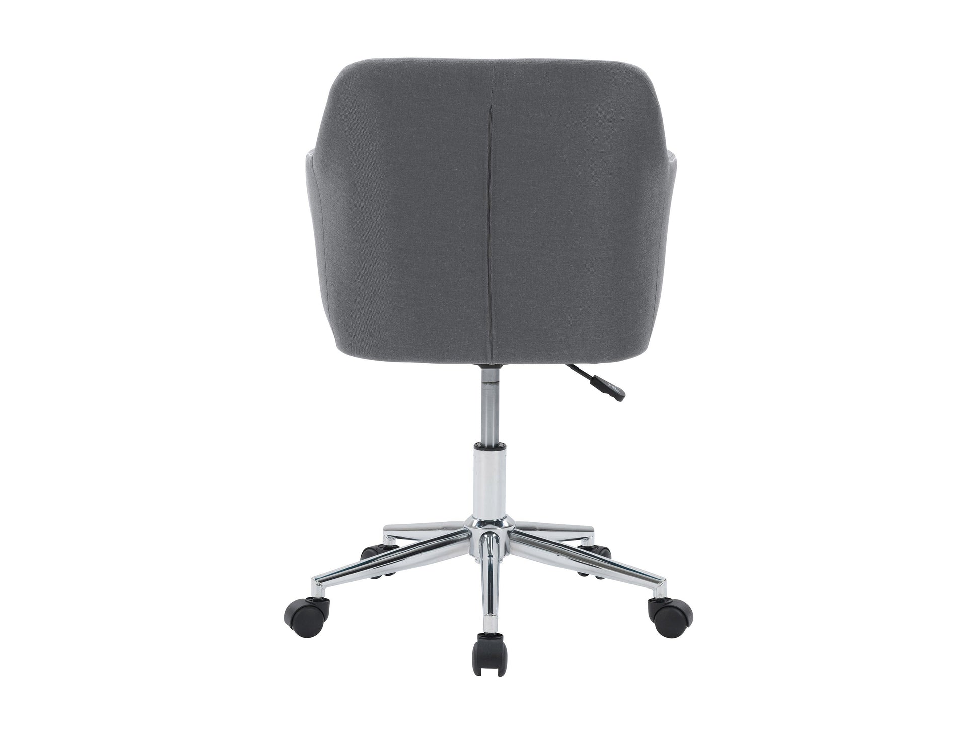 Grey office task chair with arms, ergonomic design, mesh backrest, padded seat, adjustable height, and swivel base. Ideal for home office or workspace, providing comfort and support during long working hours.