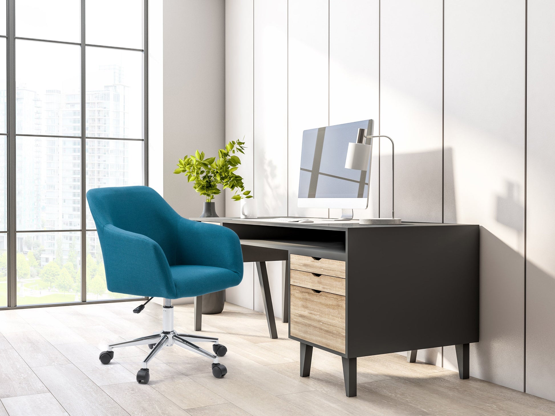 Dark blue office task chair with arms, featuring ergonomic design, breathable mesh back, adjustable height, and padded seat for comfort. Ideal for home or office use.