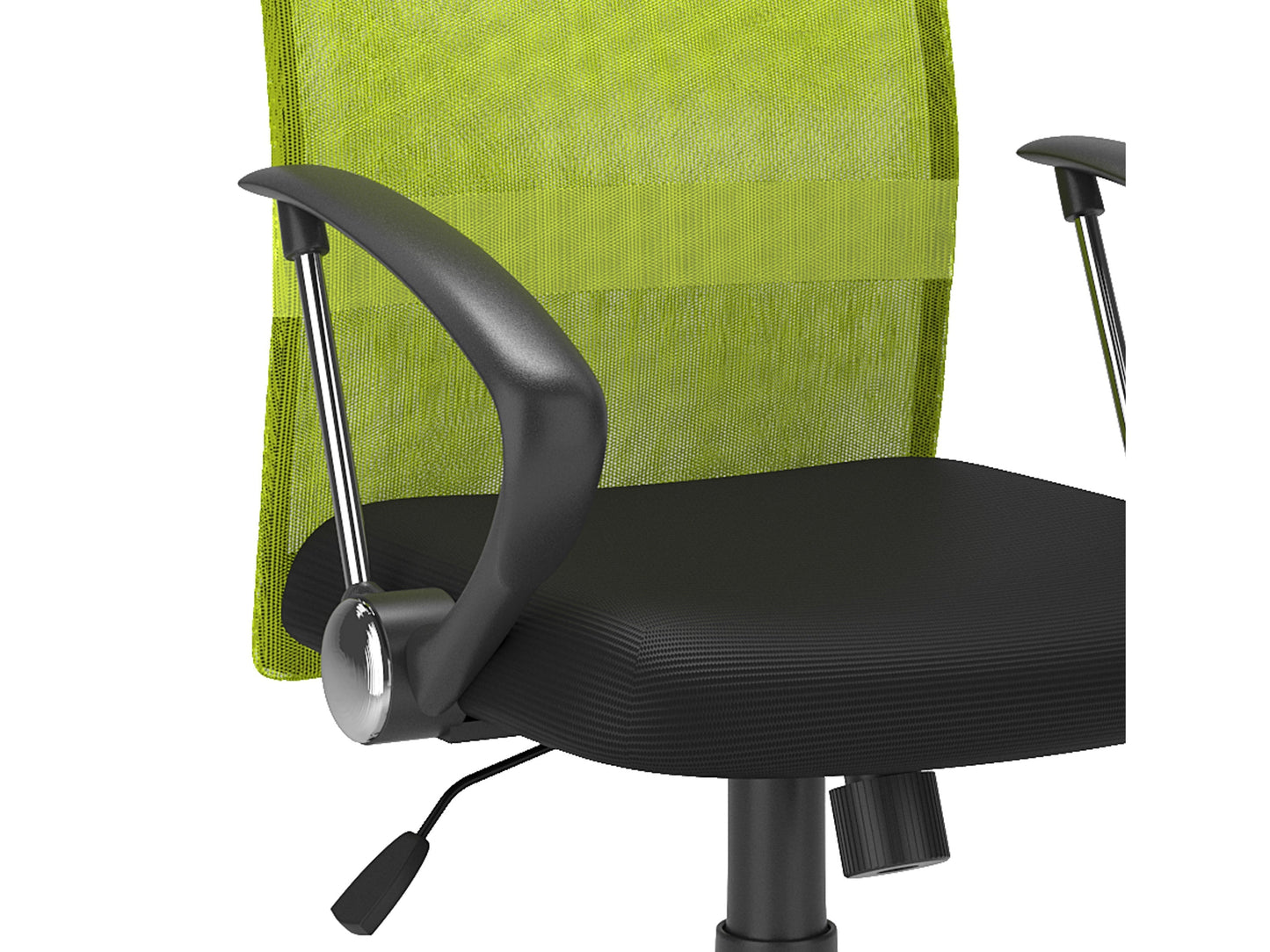 Lime green fabric office chair with ergonomic design, padded seat and backrest, black armrests and base, adjustable height, and swivel functionality. Ideal for modern home offices and workspaces.