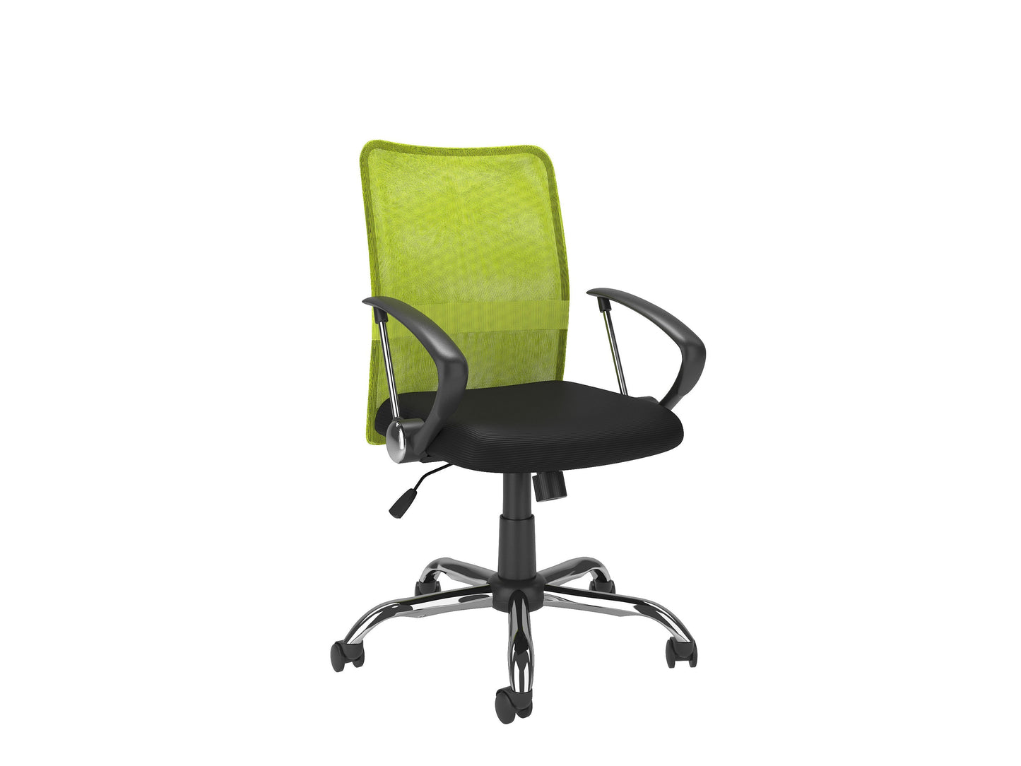 Lime green fabric office chair with ergonomic design, padded seat and backrest, black armrests and base, adjustable height, and swivel functionality. Ideal for modern home offices and workspaces.
