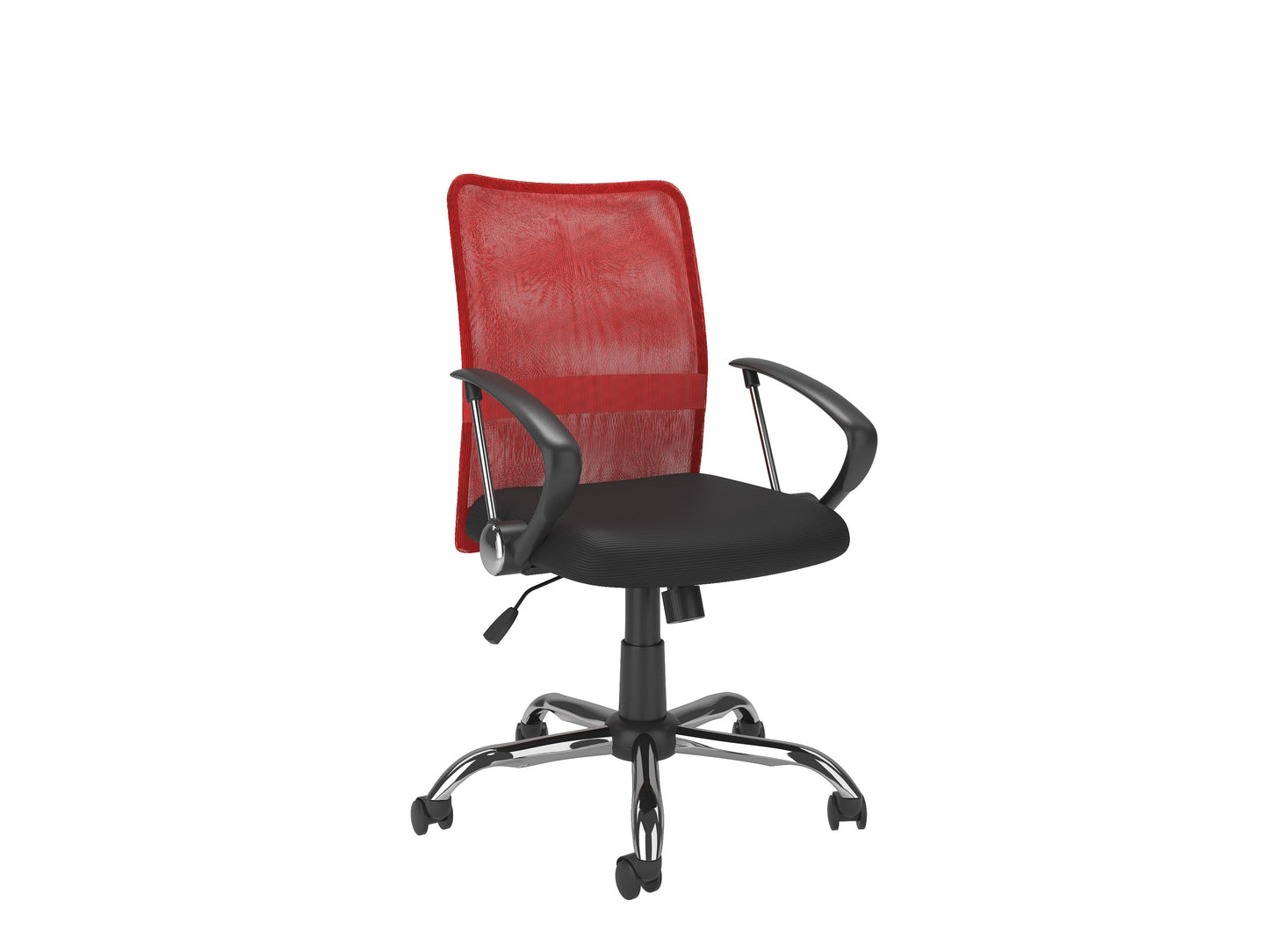 Red fabric office chair with ergonomic design, padded seat, adjustable armrests, and lumbar support. Features a high backrest, swivel base, and smooth-rolling casters. Ideal for home or office use.