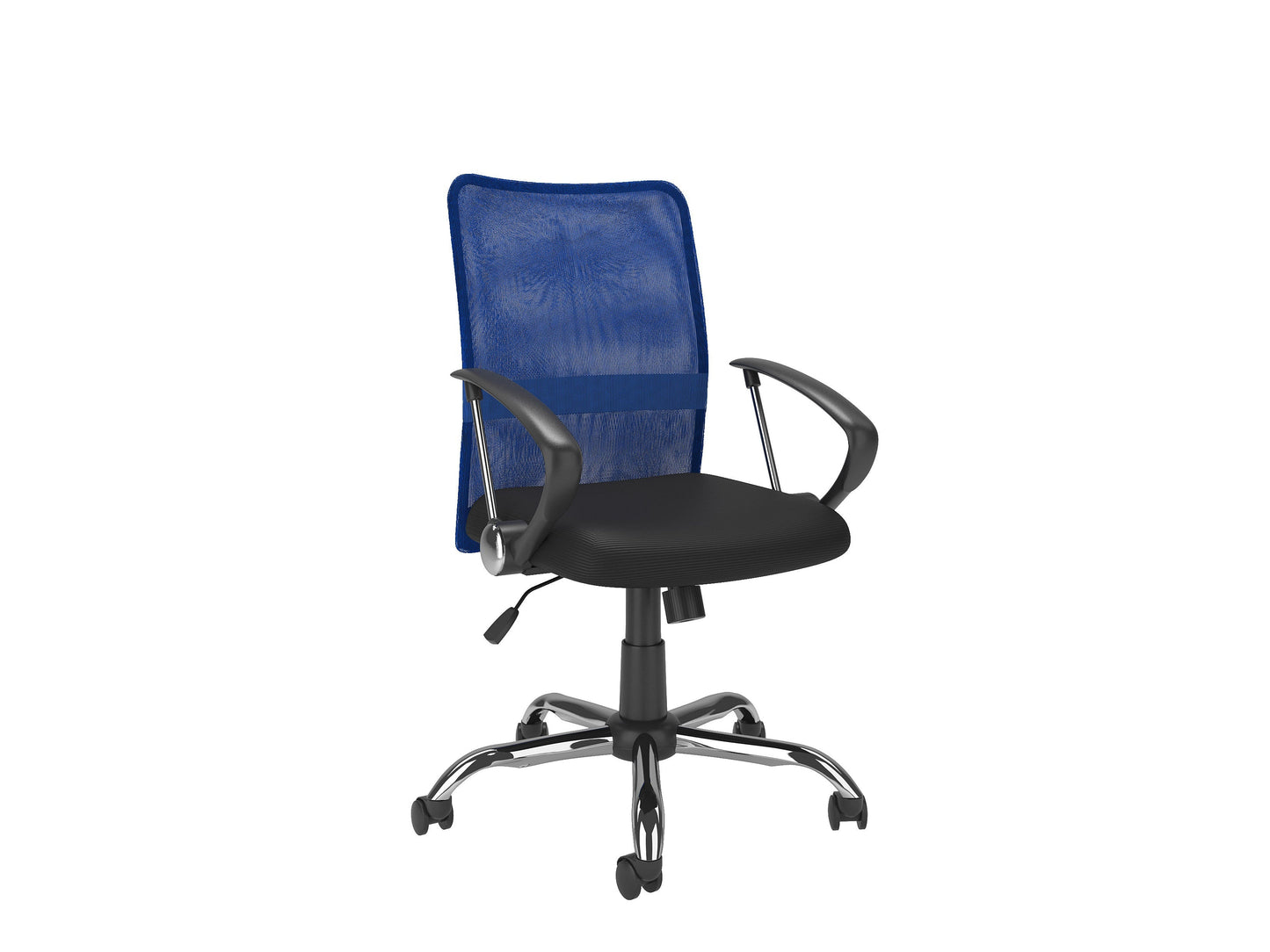 Blue fabric office chair with ergonomic design, cushioned seat, high backrest, and adjustable armrests. Features a sturdy metal base with smooth-rolling casters, perfect for home or office use.