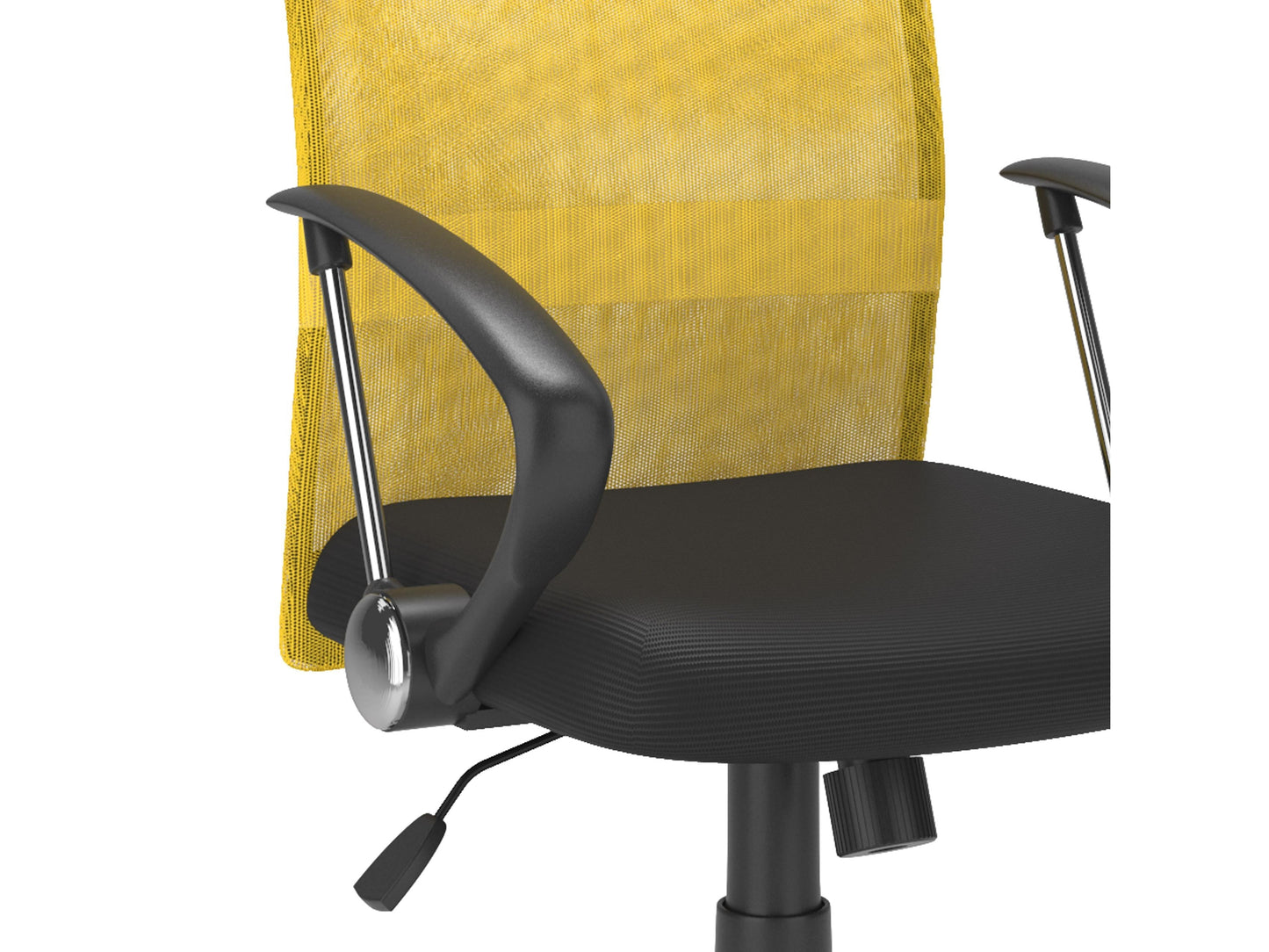 Yellow fabric office chair with ergonomic design, adjustable height, cushioned seat, and lumbar support. Ideal for home office or workspace.