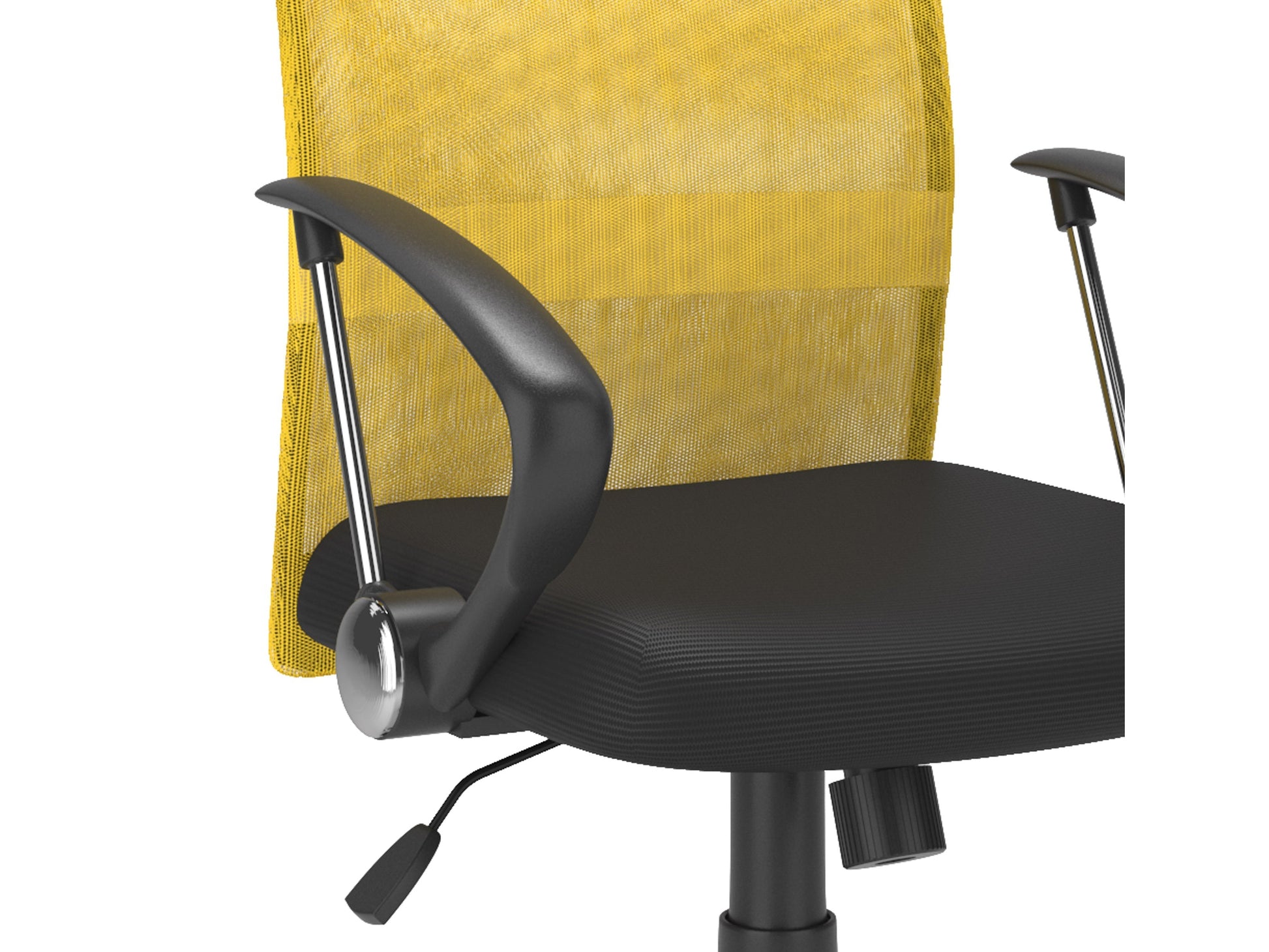 Yellow fabric office chair with ergonomic design, adjustable height, cushioned seat, and lumbar support. Ideal for home office or workspace.