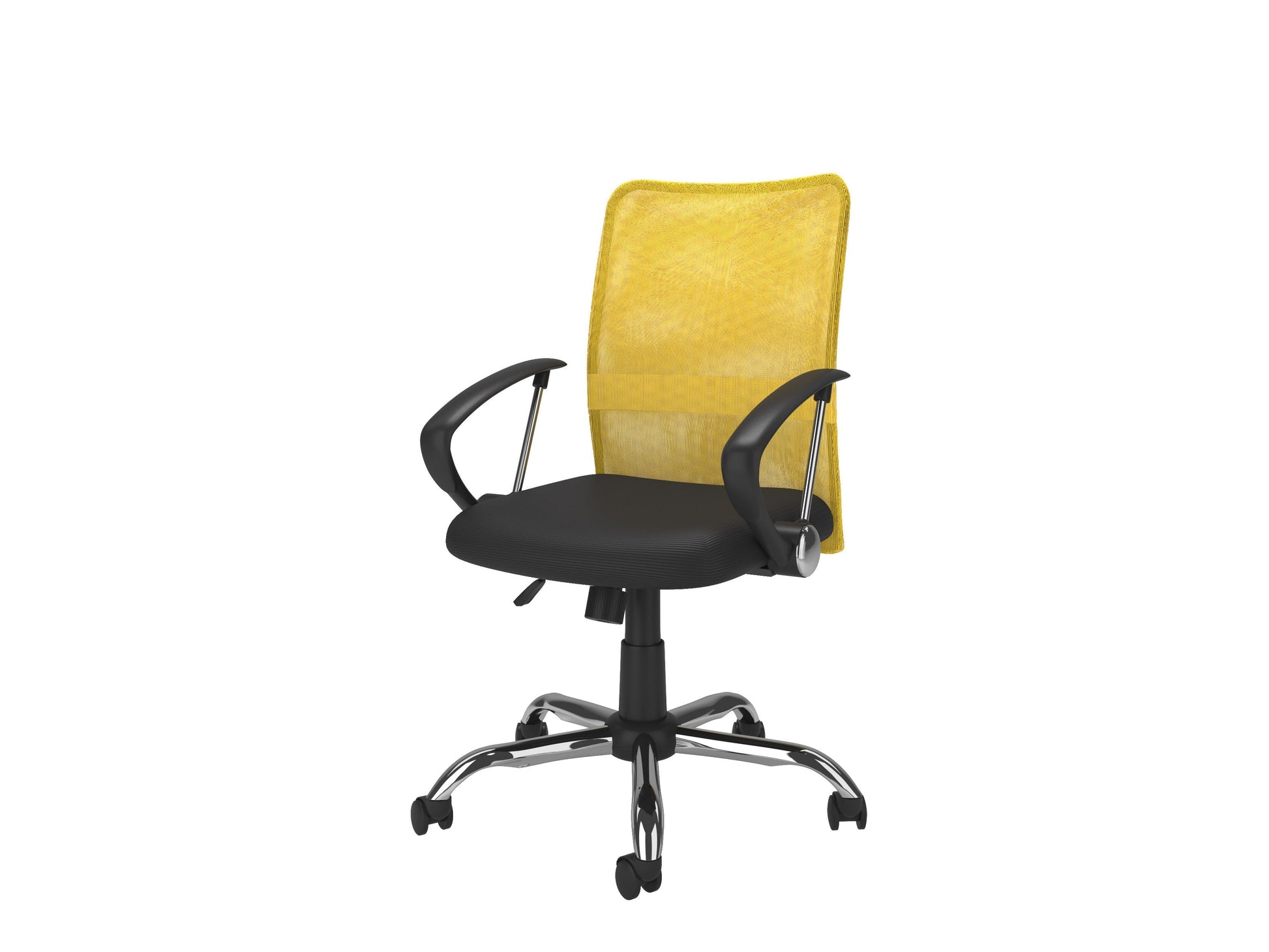 Yellow fabric office chair with ergonomic design, adjustable height, cushioned seat, and lumbar support. Ideal for home office or workspace.