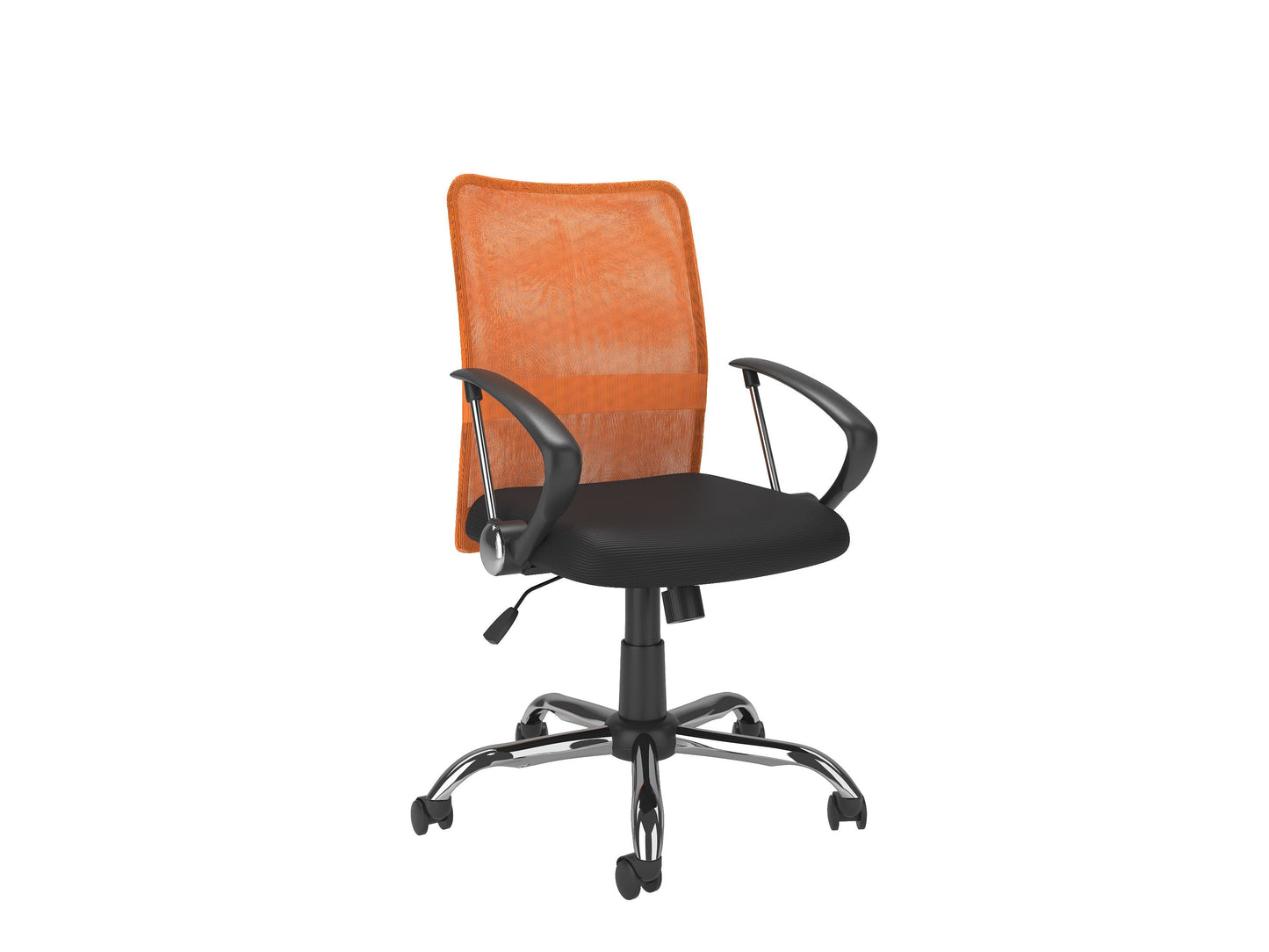 Orange fabric office chair with ergonomic design, padded seat, and adjustable height. Features a high backrest, black armrests, and a sturdy metal base with smooth-rolling casters for easy mobility.