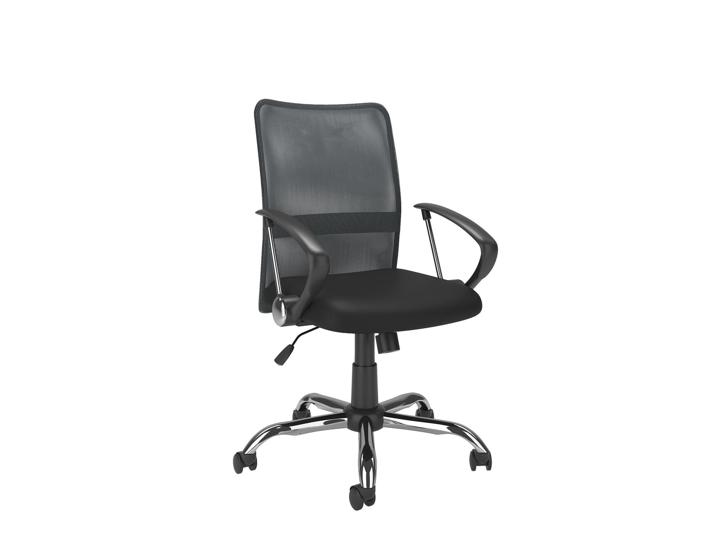 Dark grey fabric office chair with ergonomic design, adjustable height, padded armrests, and lumbar support. Ideal for home office or workspace, featuring a sturdy metal base and smooth-rolling casters.