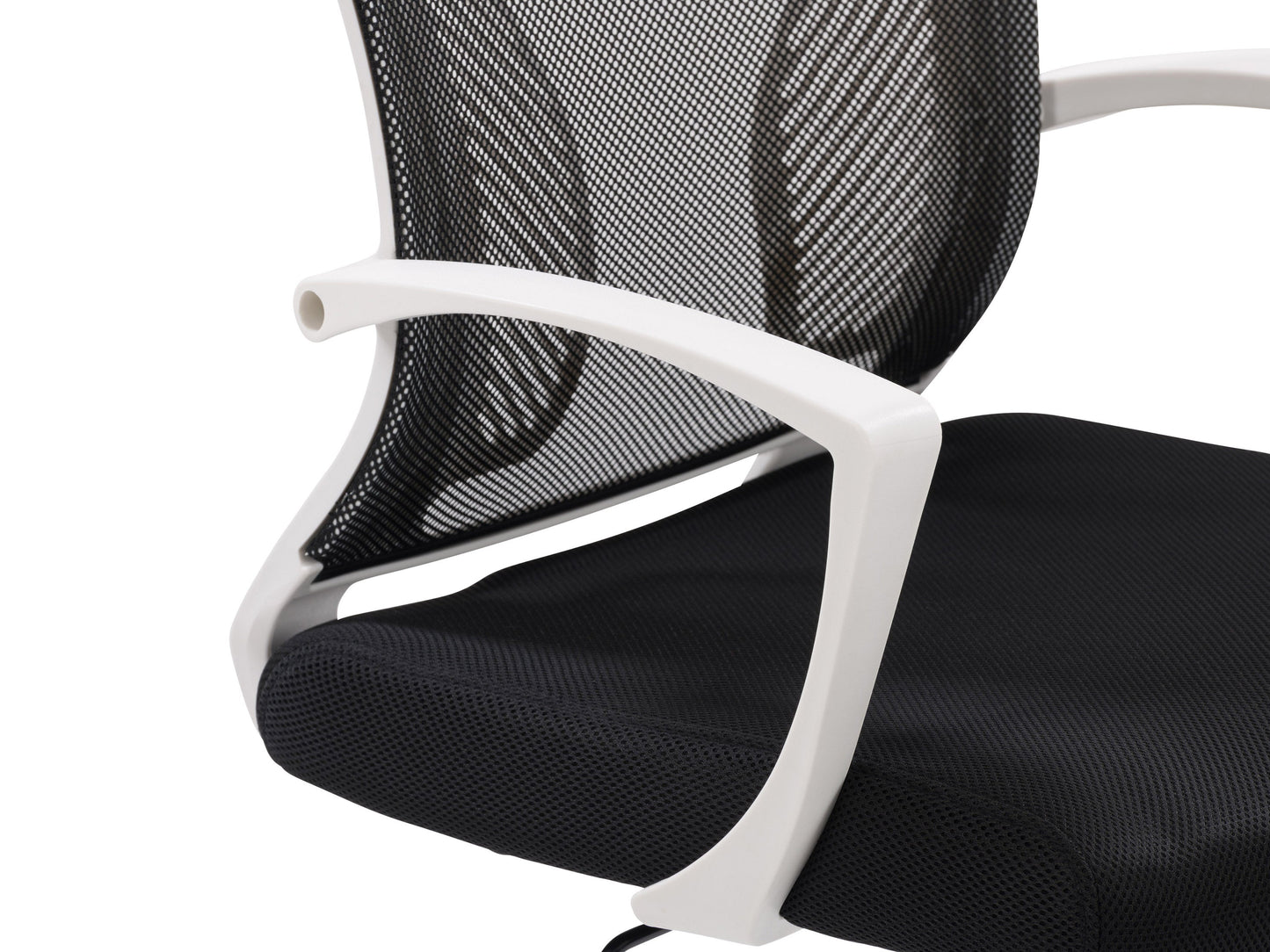 Ergonomic black mesh task chair with adjustable armrests, white frame, and lumbar support. Features breathable mesh back, cushioned seat, and swivel base with wheels for mobility. Ideal for home office use.