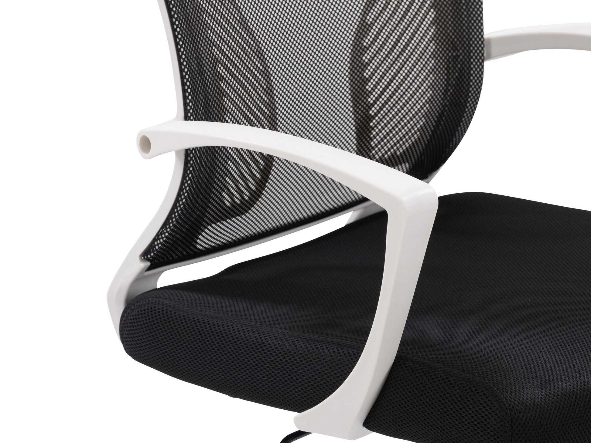 Ergonomic black mesh task chair with adjustable armrests, white frame, and lumbar support. Features breathable mesh back, cushioned seat, and swivel base with wheels for mobility. Ideal for home office use.