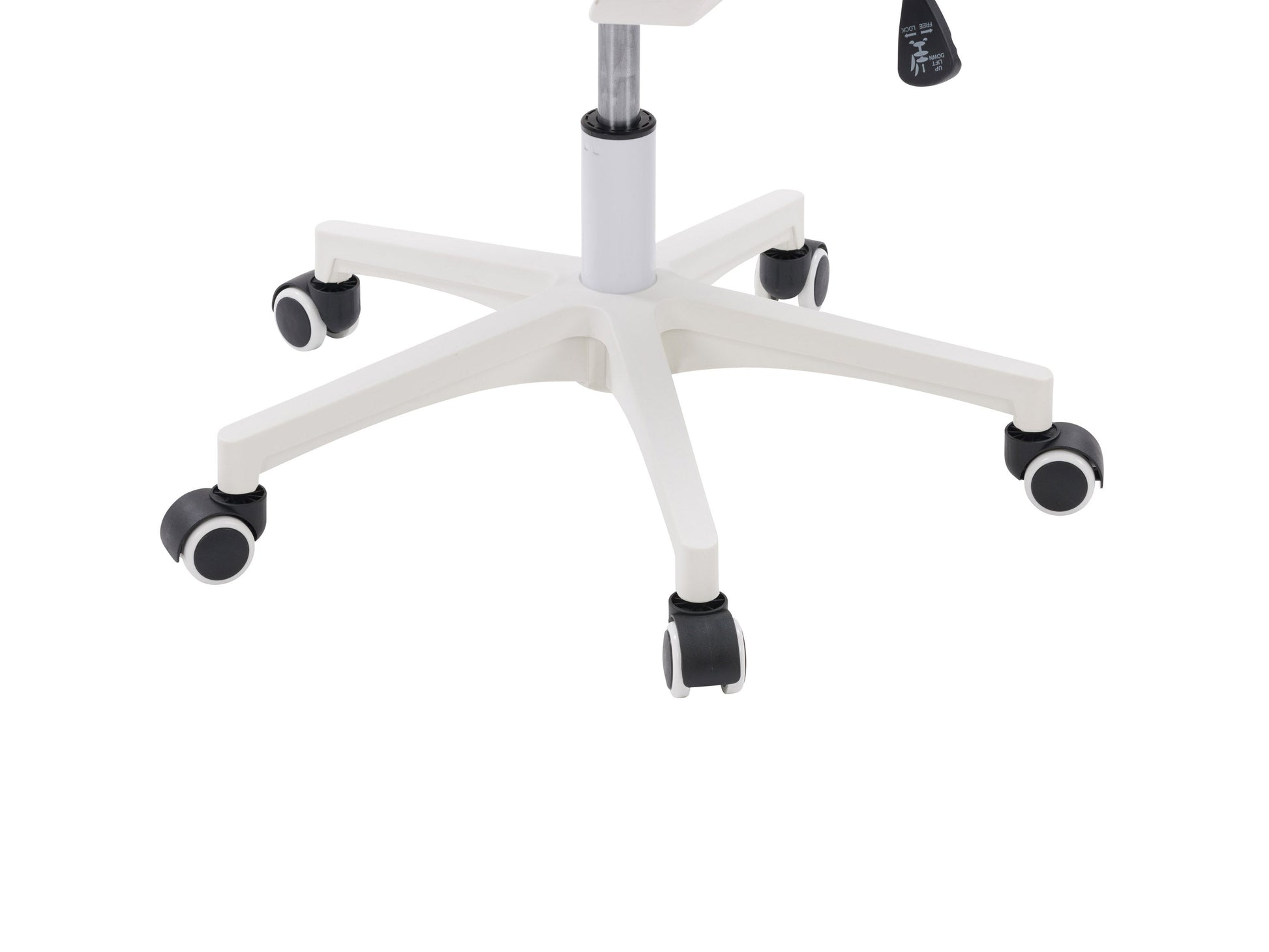 Ergonomic black mesh task chair with adjustable armrests, white frame, and lumbar support. Features breathable mesh back, cushioned seat, and swivel base with wheels for mobility. Ideal for home office use.